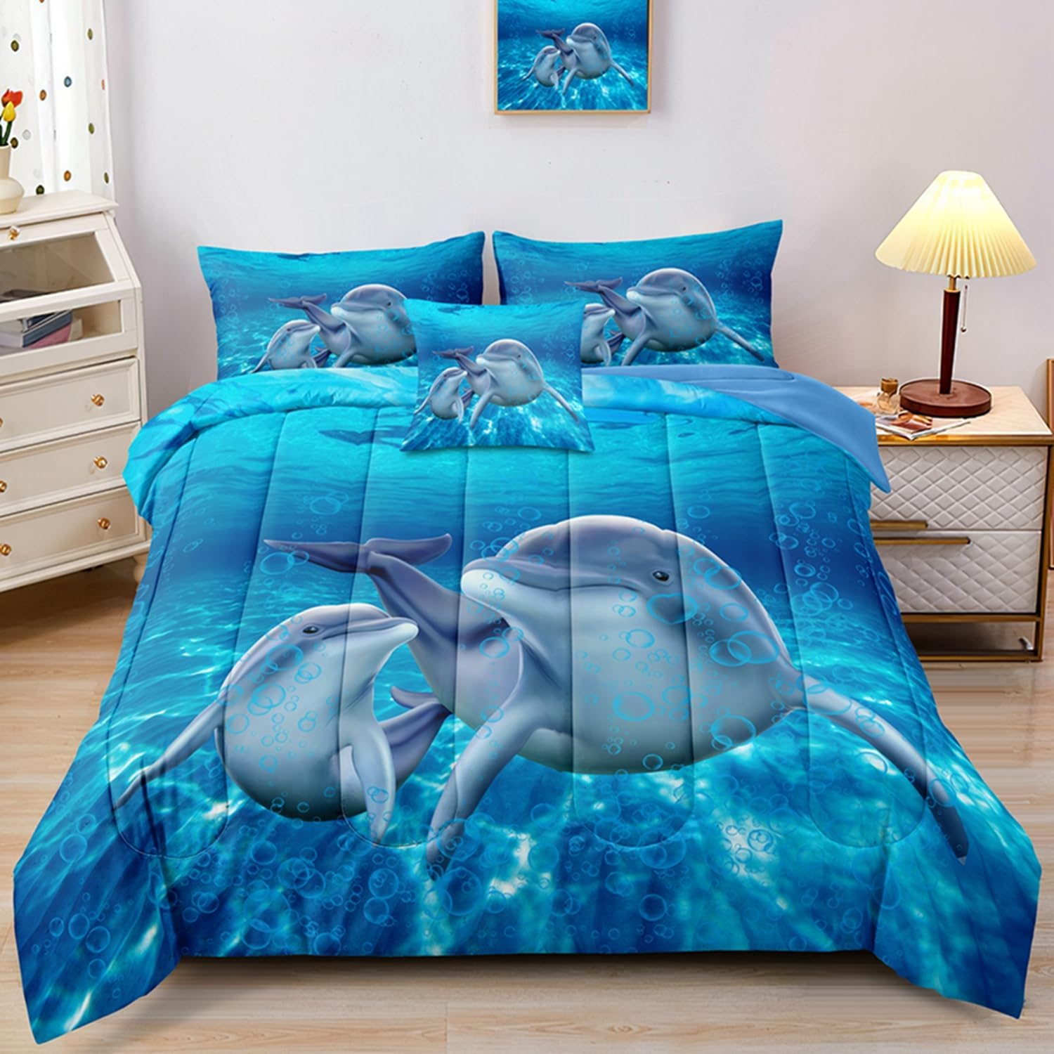Dolphin Comforter Set Twin Size Bed in a Bag Cute Dolphin Jumping Blue Ocean