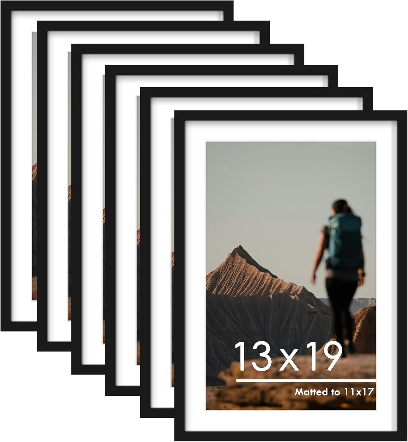 13X19 Picture Frame Set of 6, Display Pictures 11 X 17 with Mat or 13 X 19 without Mat for Wall Mounting Display, Poster Frames Collage for Wall Decor, Black.