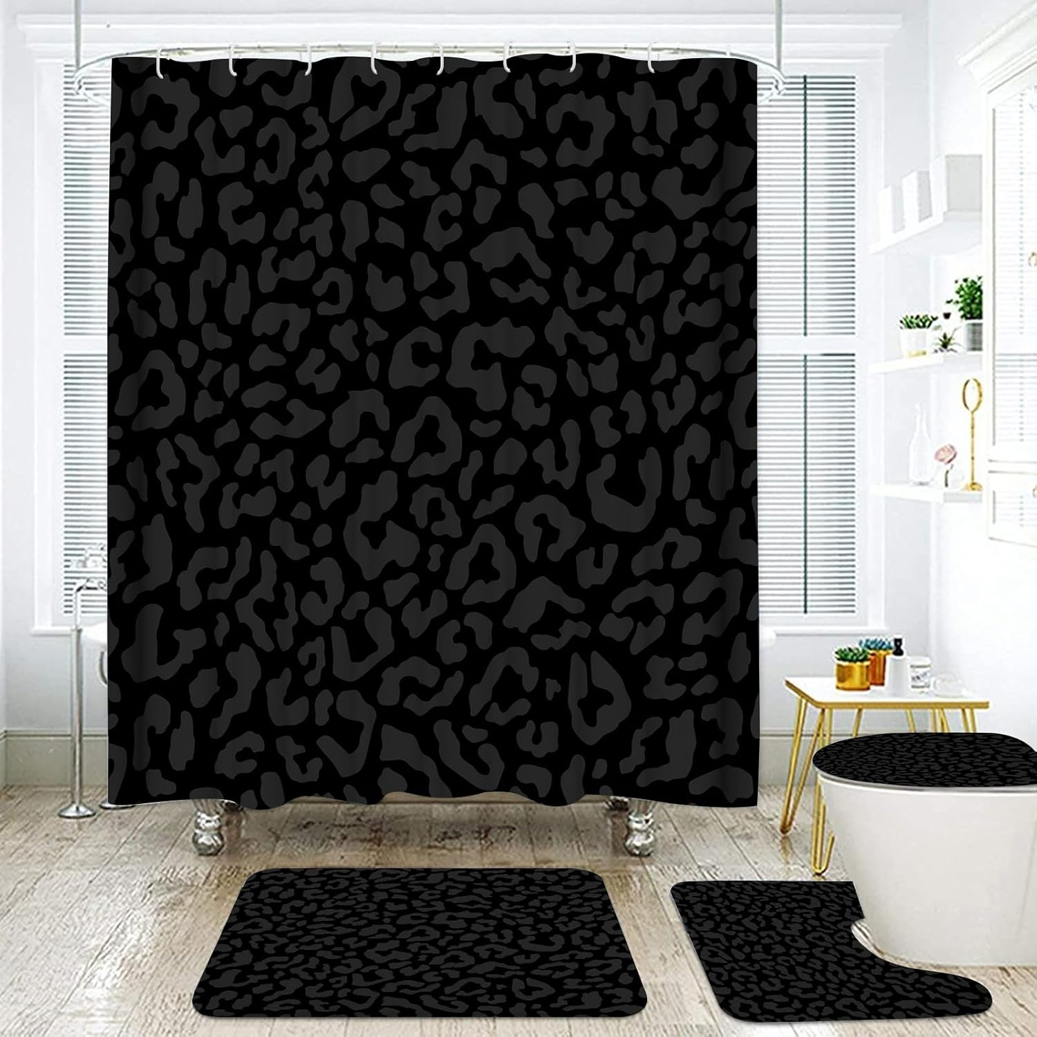 Onalasyc 4 Pcs Cheetah Shower Curtain,Black Leopard Animal Print Bathroom Sets,Cheetah Bathroom Decor Set with Shower Curtain and Rugs,Bathroom Sets Complete,Set De Baño,With 12 Pcs Hook