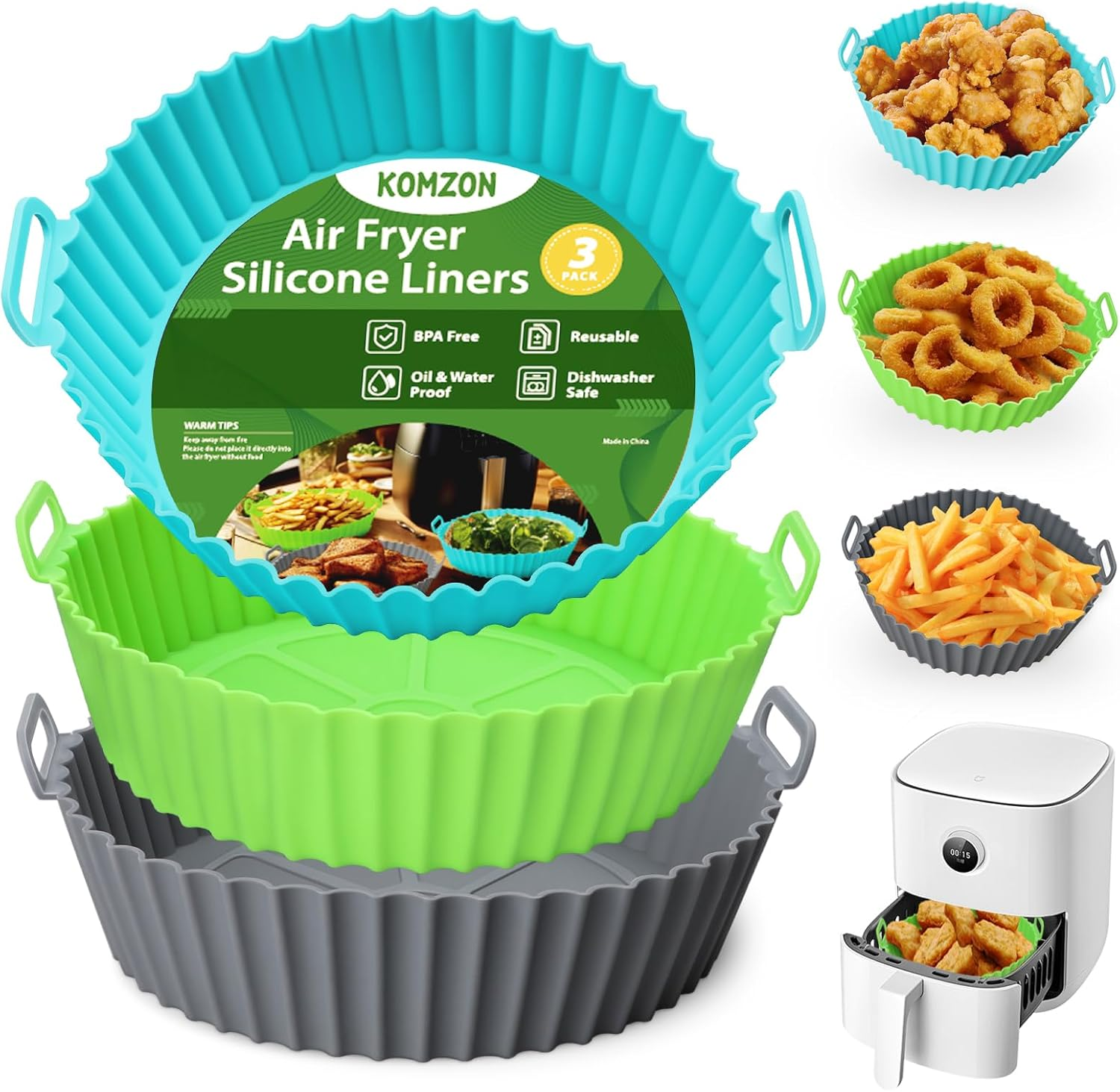 Komzon 3 Pack Air Fryer Silicone Liners, 8Inch Airfryer Liners, Airfryer Basket Liner, Reusable Food Grade Air Fryers Basket Pots Oven Liner Baking Tray, Air Fryer Silicone Mat Accessories Kitchen