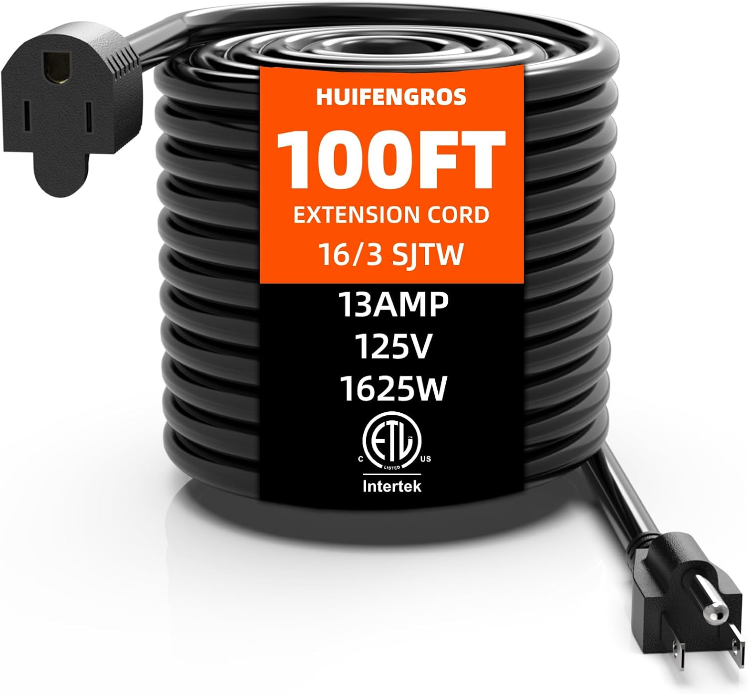 100 FT Outdoor Extension Cord, Black Extension Cord Waterproof, 16 Gauge 13Amps 125V, SJTW, ETL Listed, Indoor/Outdoor Use
