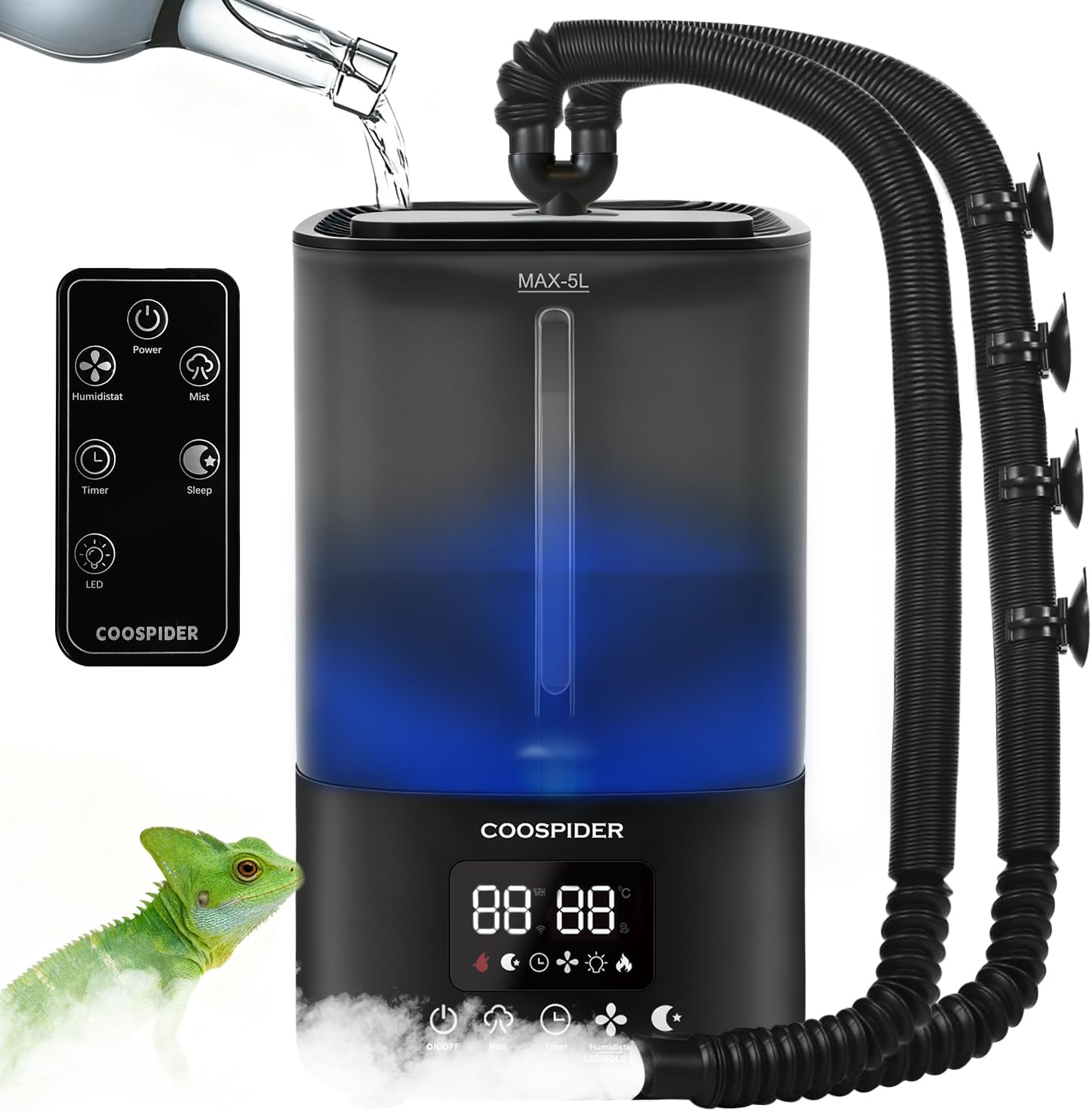 Reptile Fogger Humidifier, Automatic Humidifiers for Reptiles Tank, Terrarium Humidifiers with Dual Hose Timer Humidity Control, Reptile Mister for Amphibians Herps Vivarium (5L/1.32Gallon)