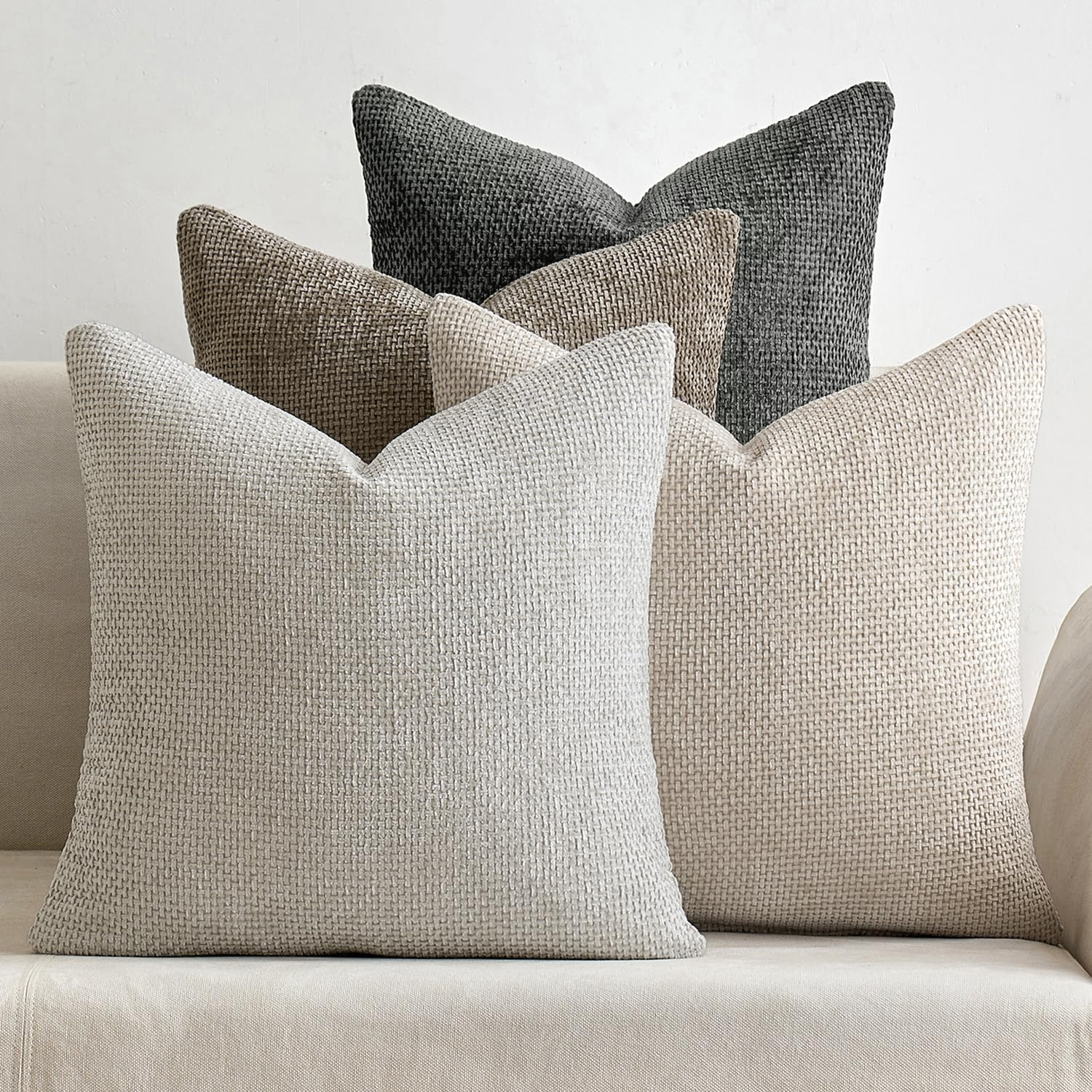 Pack of 4 Couch Throw Pillow Covers 18X18 Inch Neutral Soft Decorative Chenille Pillow Covers Farmhouse Boho Cushion Covers for Mid Century Modern Spring Home Decor Sofa Bedroom Living Room