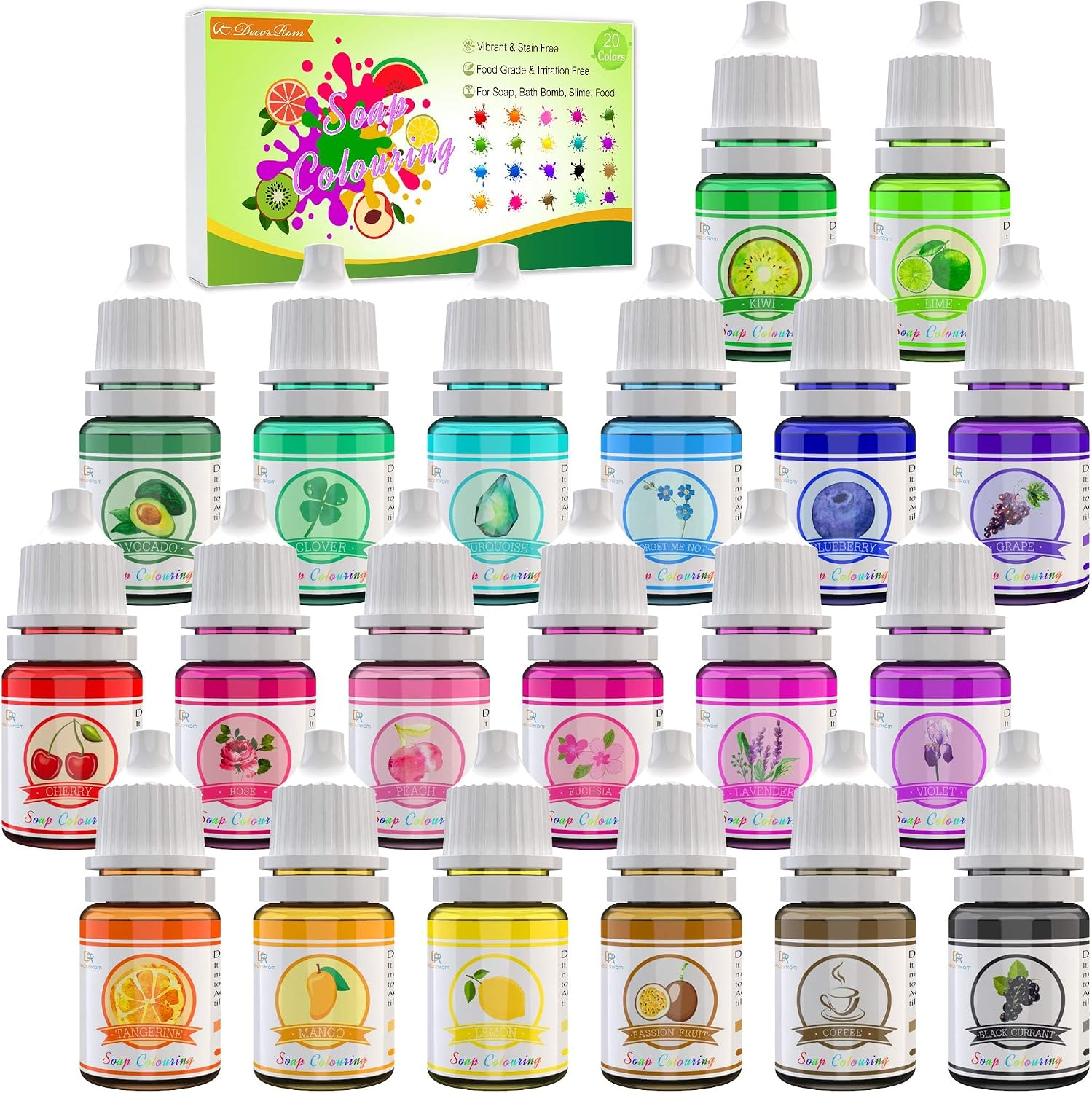 Seifenfarbe Set 20Er X 6Ml - Flüssig Färbende Hautverträgliche Farbe Pigment Für Die Seifenherstellung - Regenbogen Flüssigseife Für DIY Badebomben, Seifen Machen, Soap, Kunsthandwerk