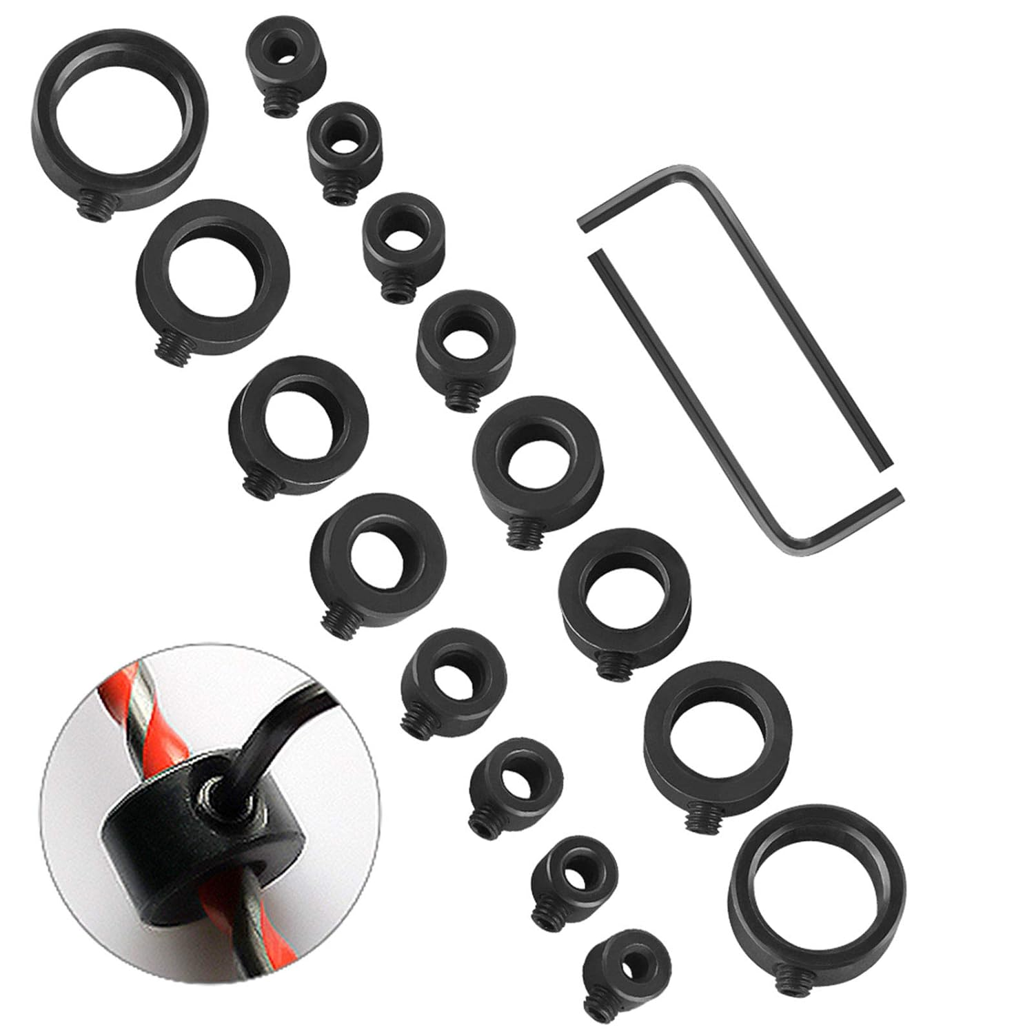 Depth Stop Drill Bit, 18 Piece Drill Stop Collar Set Positioner Ring and Hex  (3Mm, 4Mm, 5Mm, 6Mm, 8Mm, 10Mm, 12Mm, 16Mm)