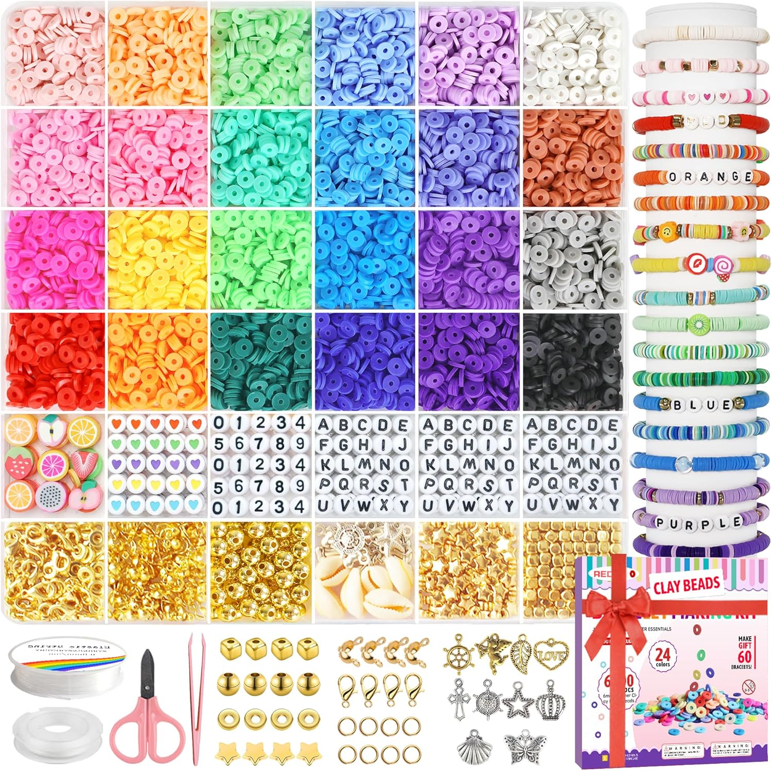 6200 Pcs Clay Beads Bracelet Making Kit, Flat round Polymer Heishi Friendship Bracelet Jewelry Kit with Charms and Elastic Strings for Girls 8-12 Gifts for Kids