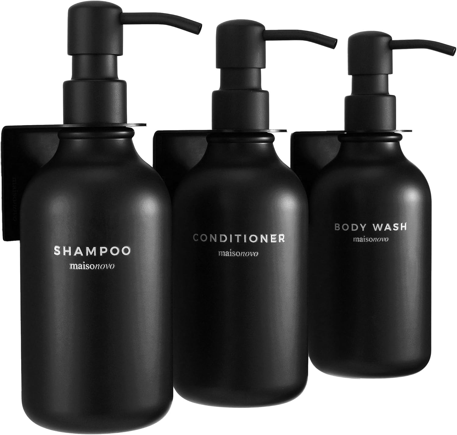 Shampoo and Conditioner Dispenser Wall Mounted Set of 3 Black - No Drill Shower Soap Dispenser for Bathroom Refillable - Spa Hotel Style Accessories by