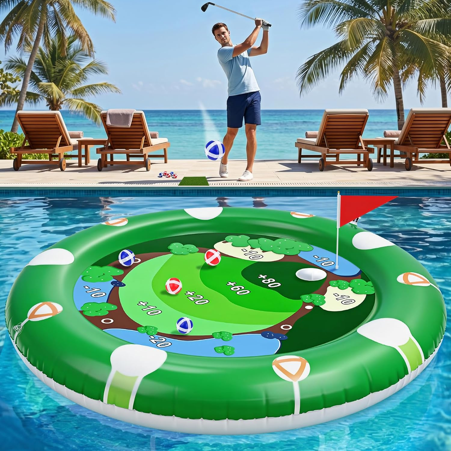 Inflatable Pool Float Set Golf Game Adults, 12 Balls 1 Putter 1 Flag 1 Air Pump, Unique Non-Woven Fabric Golf Mat for Water Games, Swimming Pool Toys for Family Holiday Fun