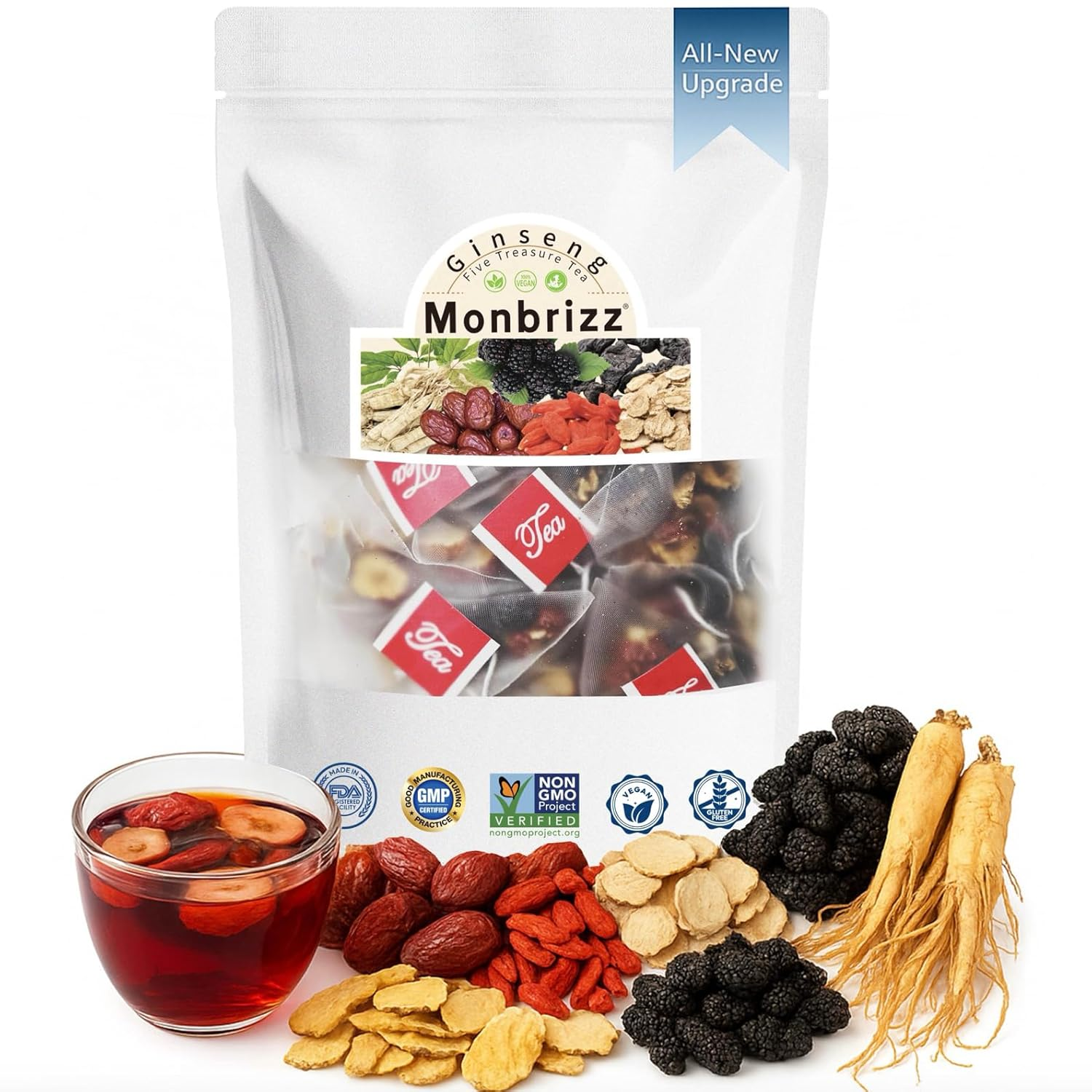 Monbrizz Kidney Tea Formula Ginseng Six Treasure Tea Te Divina, Maca Root, Goji Berries, Turmeric Kidney Formula Ginseng Eight Treasure Cleanse Detox Caffeine-Free Tea (60Count)