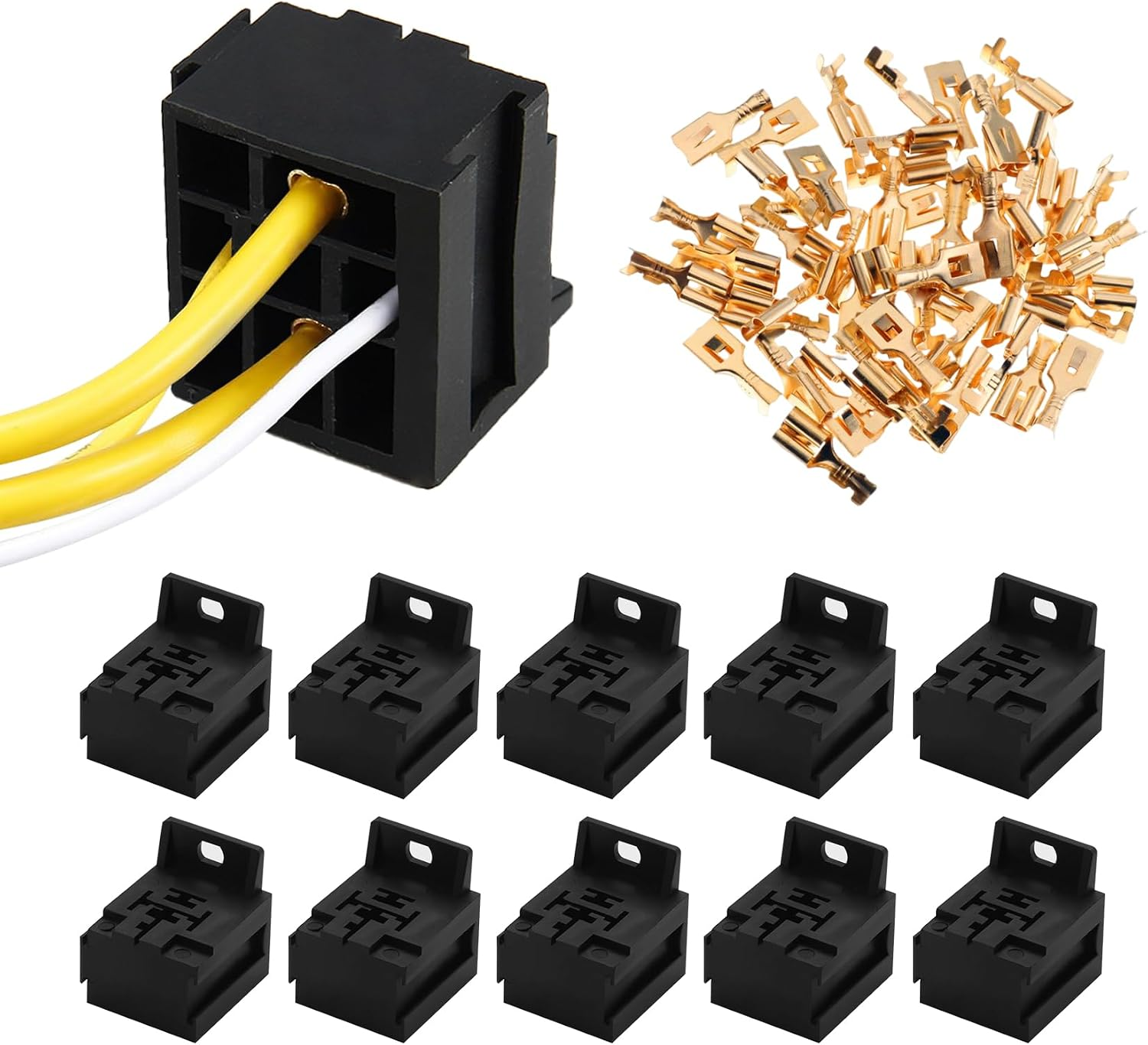 Zufoty 10PCS Relay Base Holders, 12V/24V 30A-80A Socket Holder Connector, 5 Pin Base Socket with 50PCS 6.3Mm Terminals Electrical Wire Splice Connectors for Car Truck Marine Boat