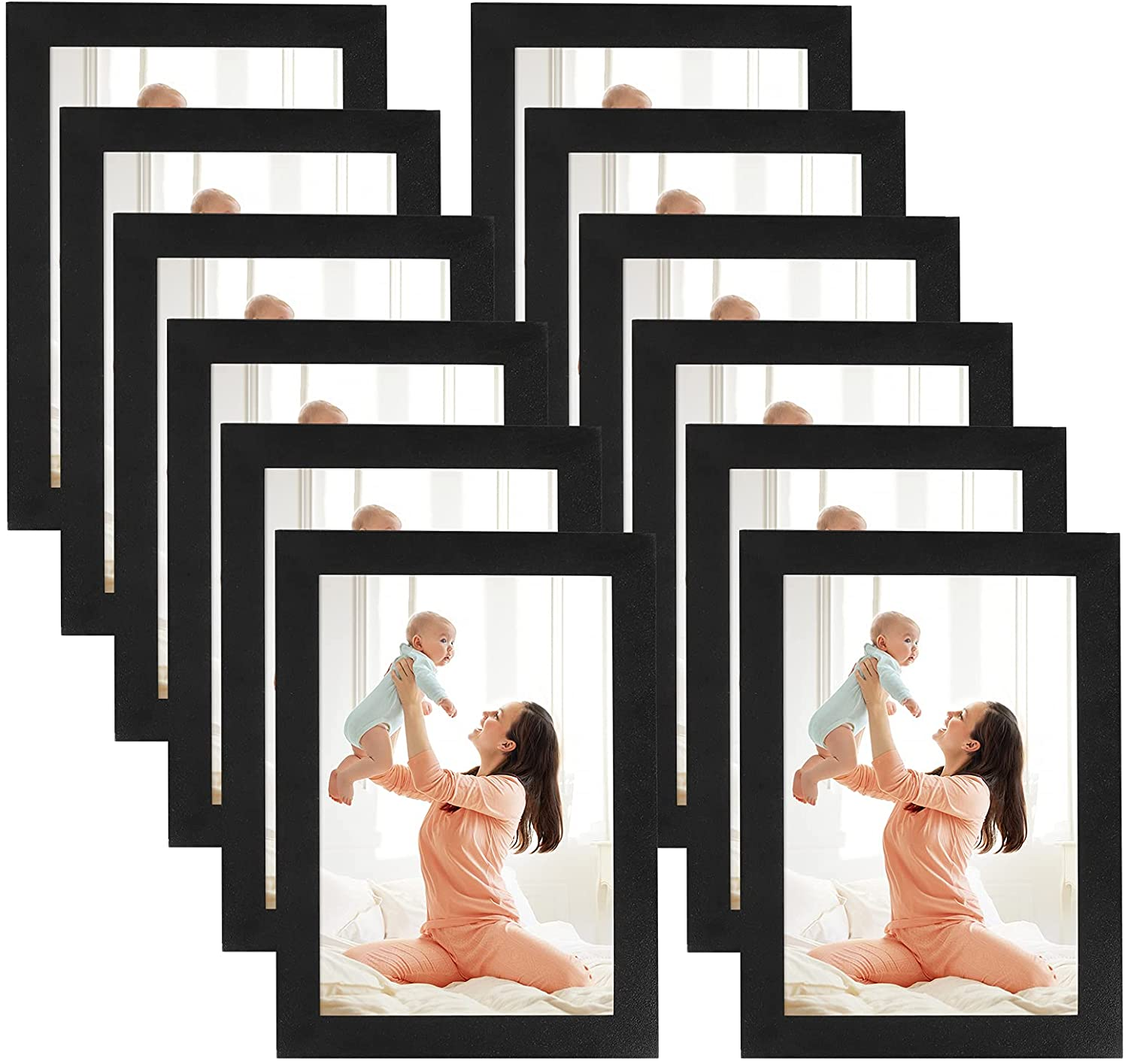 CRUGLA 4X6 Magnetic Picture Frames for Refrigerator 12 Packs, Modified Magnetic Sheet with Self Adhesive Backing, Black 4 by 6 Photo Frame Set for Locker Glass Window Door Cubicle