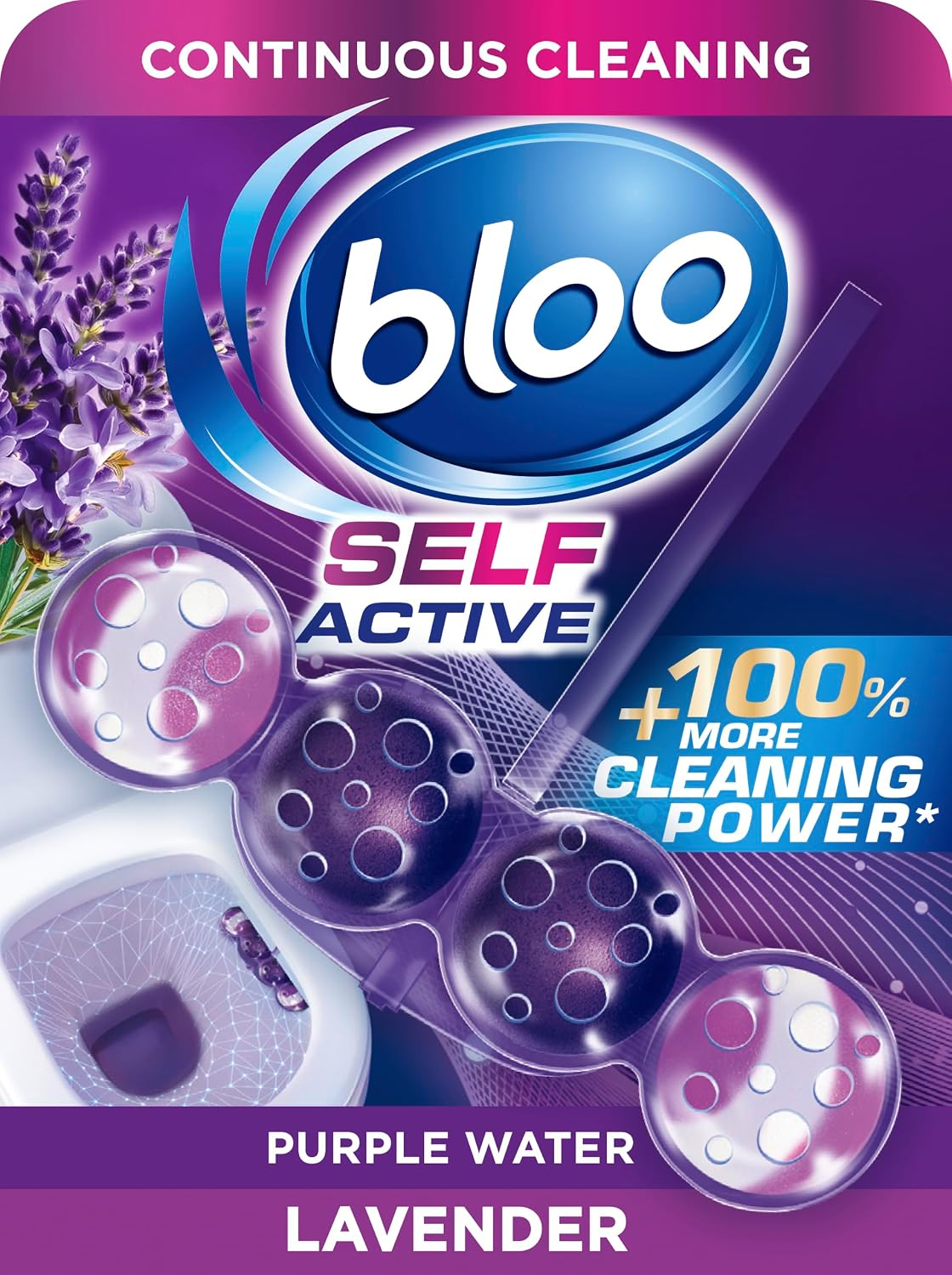 Bloo Self Active Single Lavender Toilet Rim Block. Hanging Toilet Rim Block with 100% More Cleaning Power*.