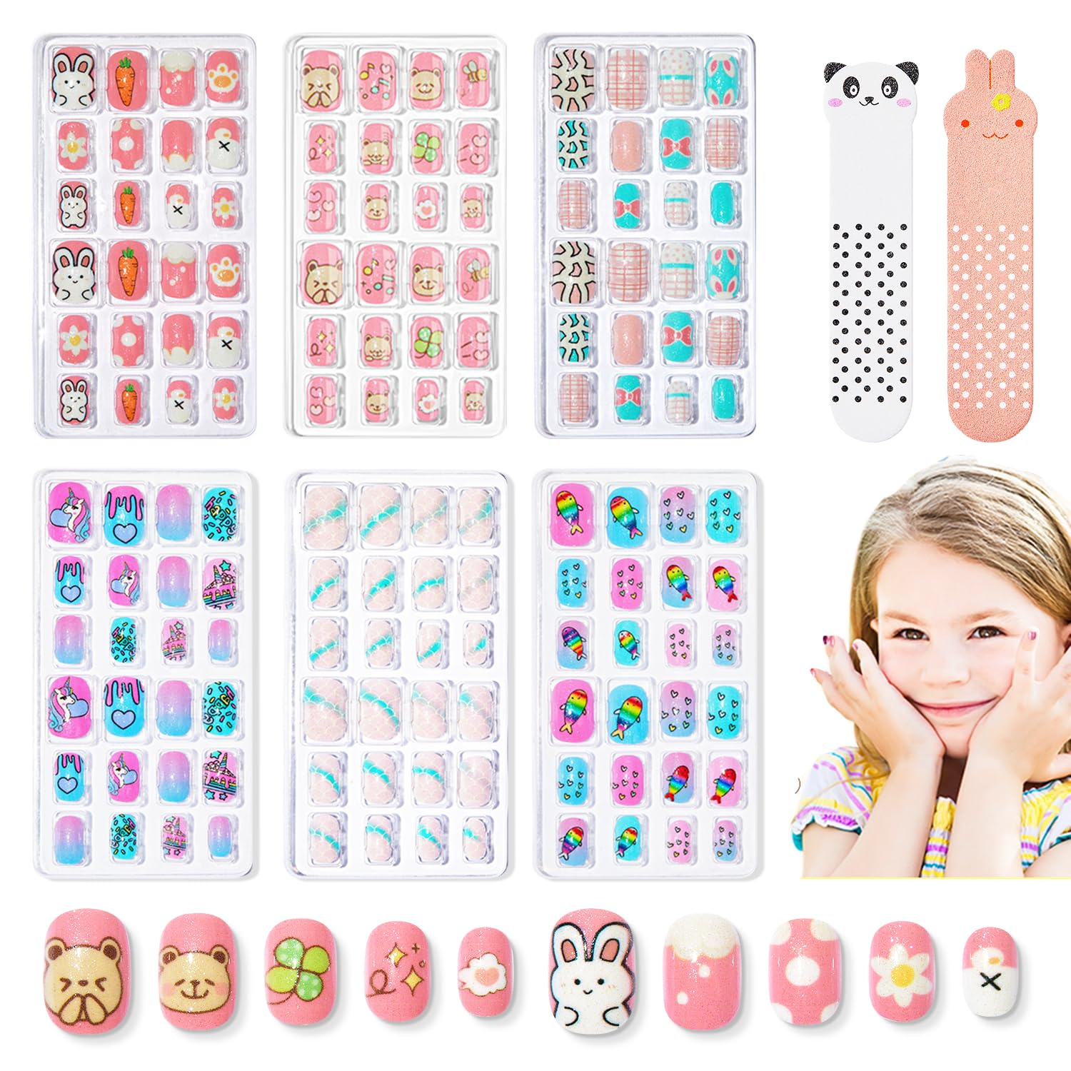 144Pcs 6Pack Press on Nails for Kids Fake Nails Pre-Glue Full Cover Glitter 