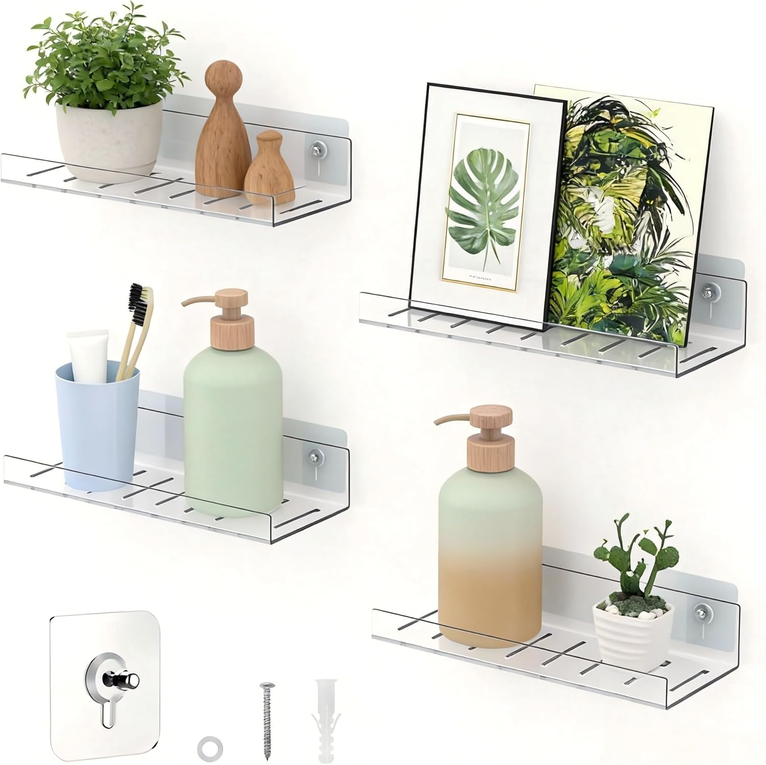 4 Pack Floating Shelves â€“ Clear Acrylic/Pet Wall-Mounted No Drill Storage with Adhesive, Invisible Bathroom & Bedroom Shelving for Kitchen, Living Room, Transparent Decor