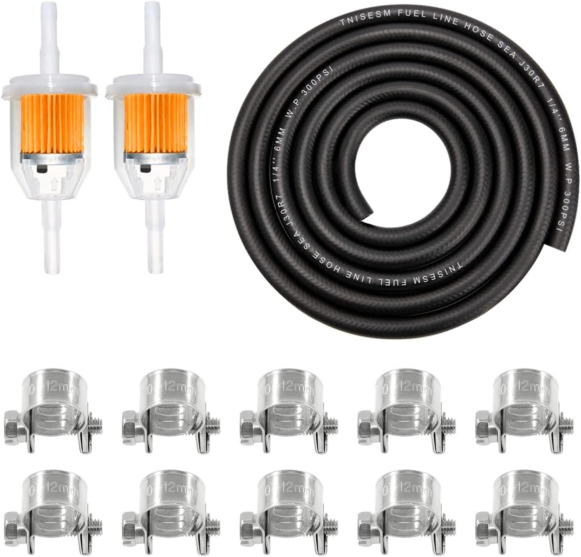 1/4(6MM) Inch ID Fuel Line Kits, 2 Meter / 6-Foot Fuel Line + 2Pcs 1/4 Inch X 5/16 Inch Gas Inline Fuel Filters with Magnet +10 Pcs 13/32''-15/32'' Mini Fuel Hose Clamps Adjustable