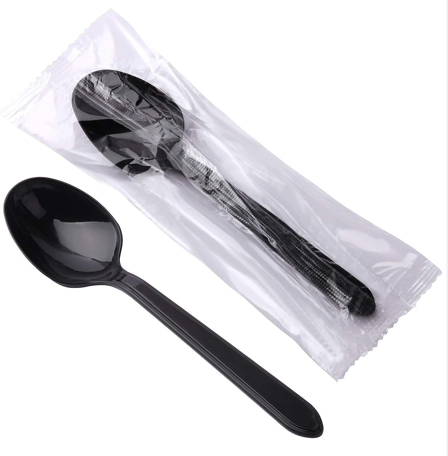 Plastic Spoons Disposable Individually Wrapped Spoons 100 Commercial Take Away Spoons,Reusable Plastic Spoons for Outdoors, Party Supplies,Home, Office Use(Black)