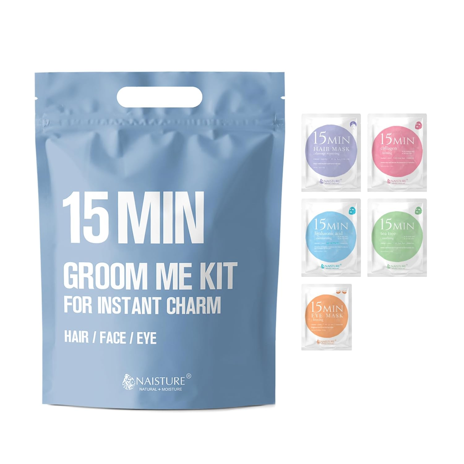 15 Min Groom Me Kit by Naisture – Korean at Home Spa Kit for Men with Hair Mask, Collagen Mask, Tea Tree Face Mask, Hyaluronic Acid Mask, and Eye Mask