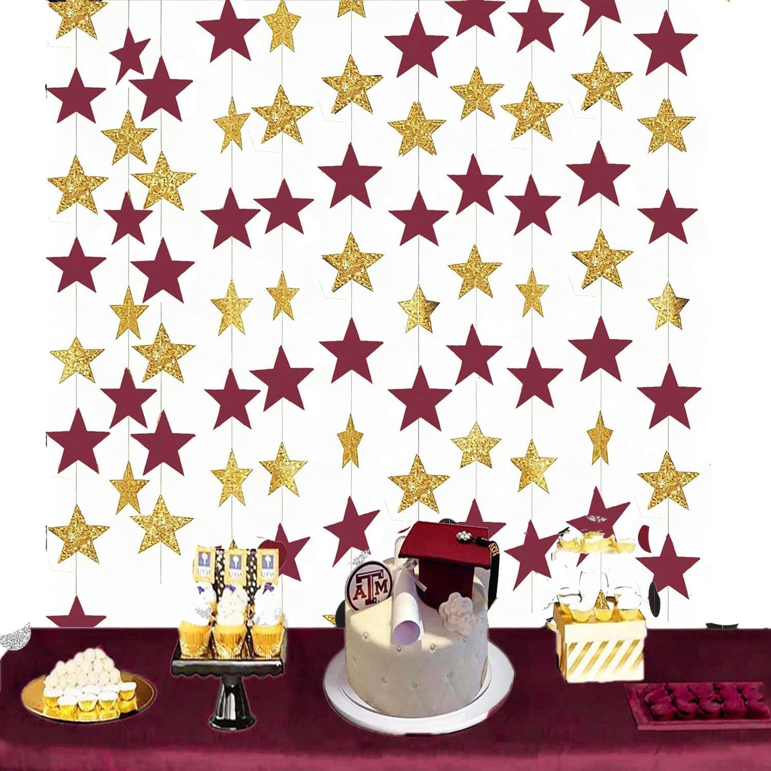Graduation Decorations Maroon Gold 2026/Burgundy Gold Graduation Party Decorations ASU Fsu/Twinkle Star Garland Banner Birthday Burgundy, 4 Pack,Star Hanging Decor for New Years Wedding Christmas