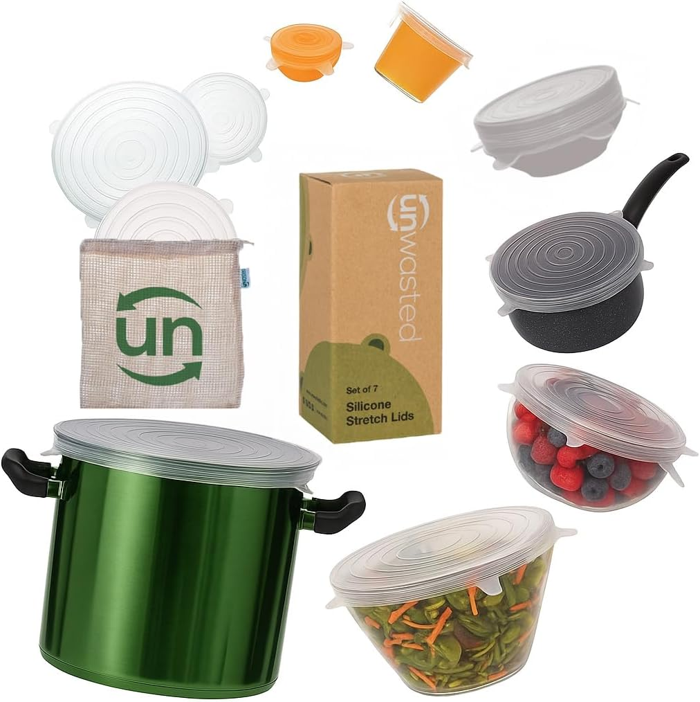 Unwasted Reusable Silicone Lids (Variety Pack) – Upgrade Your Kitchen Gadgets with Our Silicone Covers for Food Storage – Reusable Silicone Stretch Lids and Food Covers for Containers (Pack of 7)
