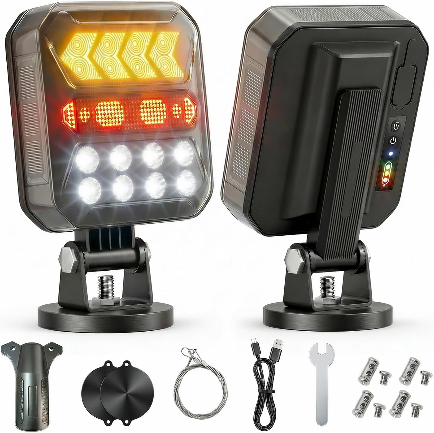 Solar Magnetic Wireless Trailer Lights, 20H+ Max Runtime USB-C Rechargeable Magnetic Towing Lights Kit, IPX6 Waterproof Heavy-Duty Tow Lights for Boat Trailer, RV, Truck, Camper