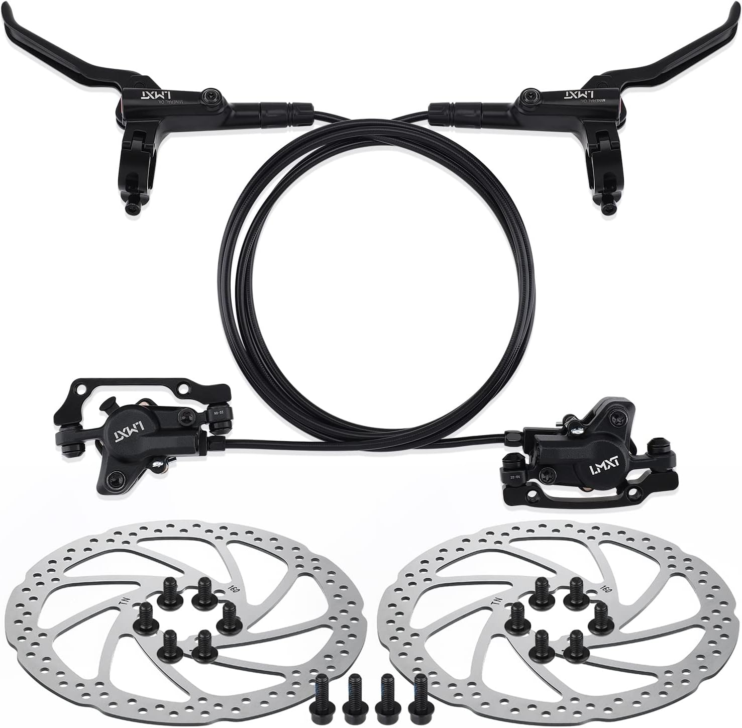 1 Pair MTB Disc Brake Set, Hydraulic Disc Brake Kit with 160Mm Rotors, Left Front 81Cm & Right Rear 147Cm, Aluminum Oil Pressure Calipers Levers for Mountain Bike E-Bike Fat Bike Road Bike