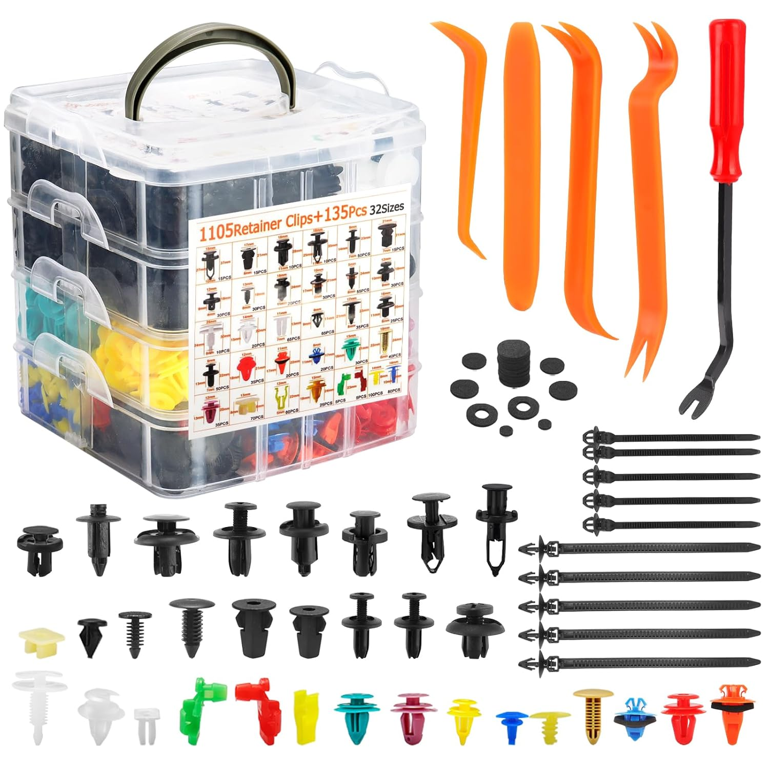 Car Retainer Clips & Fasteners Kit – Universal Sizes Nylon Bumper, Fender Rivets, Door Panel Clips, and Plastic Rivets with 10 Cable Ties and Removal Tool for Toyota, Ford, Benz, Chevy (1240pcs)