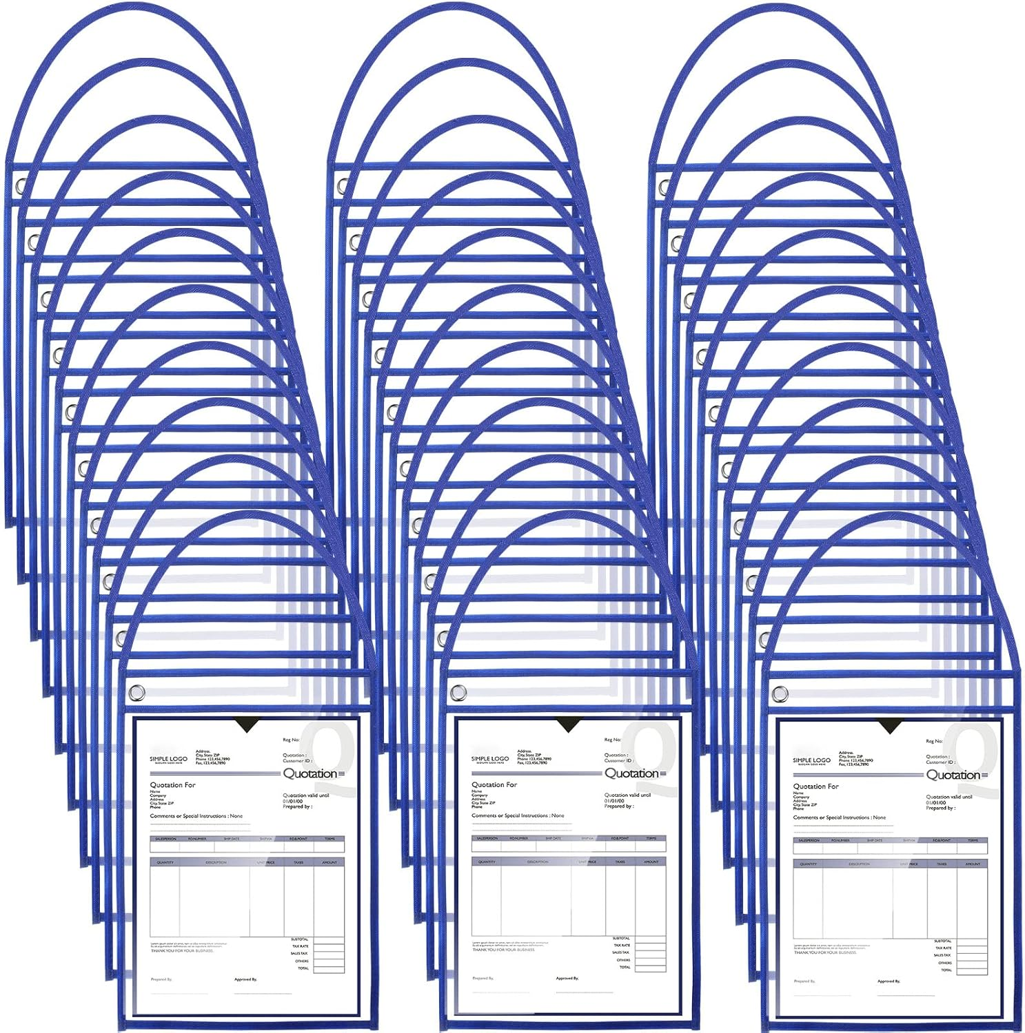 50 Pack Job Ticket Holders Work Order Pockets for 9 X 12 Inch Hanging Sleeve Plastic Shop Ticket Holders with Strap, Both Sides Clear(Blue)