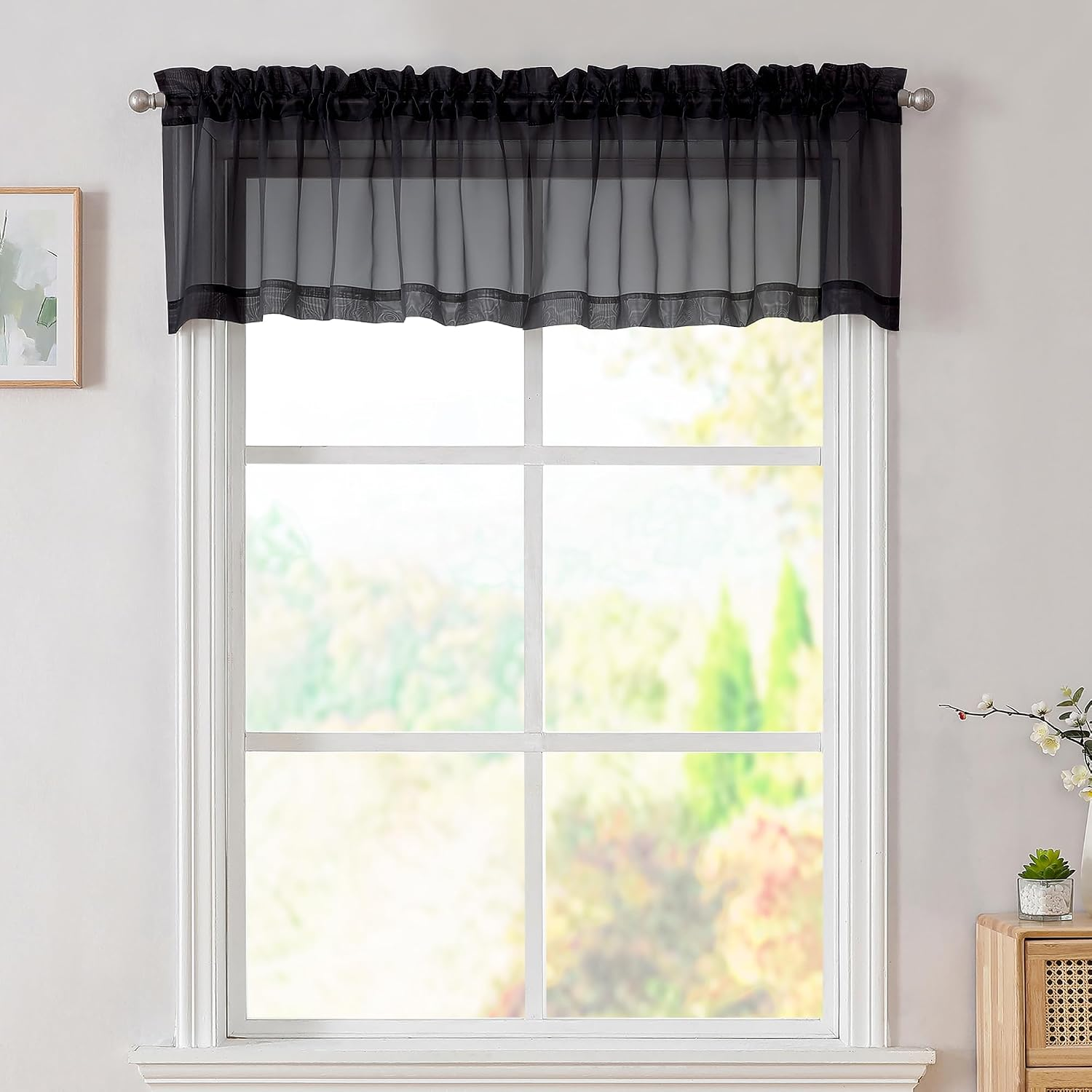 Black Valances 14 Inches Long for Living Room Pocket 2 Panel Light Filtering Sheer Translucent Valence Toppers for Window Kitchen Bathroom Bedroom 42x14 Inch Length
