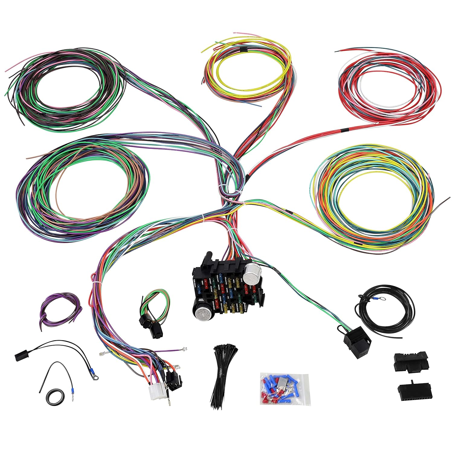 Universal 21 Circuit Wiring Harness Kit Extra Long Wire Standard Color 17 Fuses for GM Chevy Mopar Hotrods Ford Chrysler