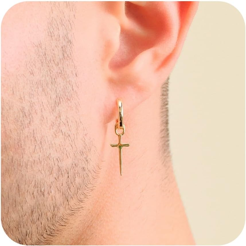 Mens Earrings Cross Earrings for Men, 14K Gold Hoop Earrings Men Drop Dangle Sma