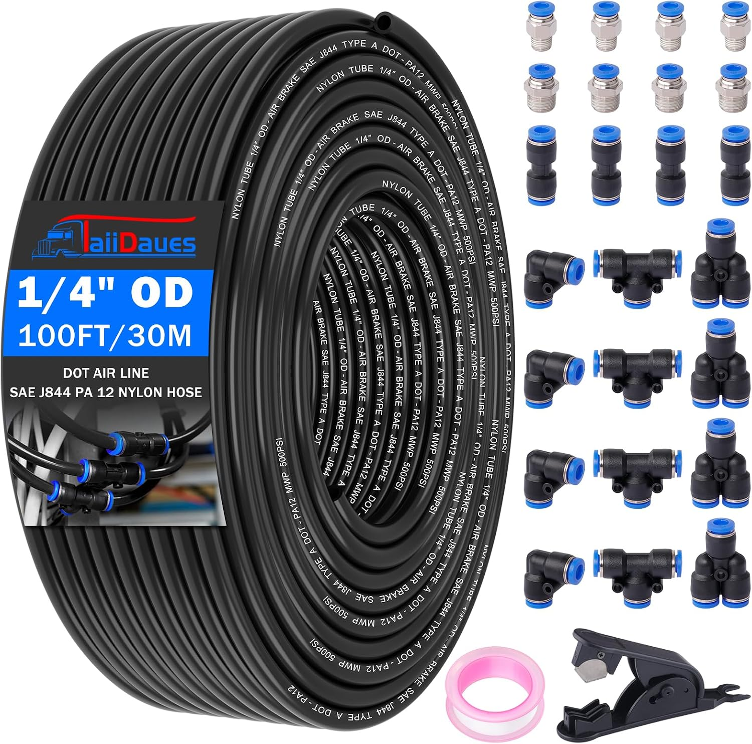 1/4" OD 100FT(30M) Air Line Tubing Kit with 24 Pcs Push to Connect Fittings