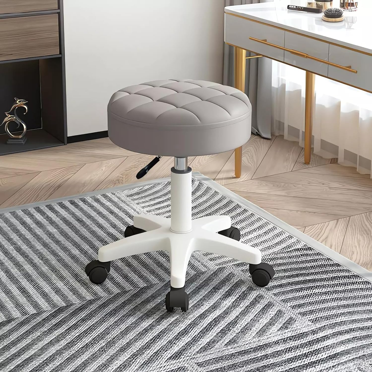 Adjustable Rolling Stool with Quilted Cushion Seat, Elevatable Base, 360° Swi... - Picture 3 of 3