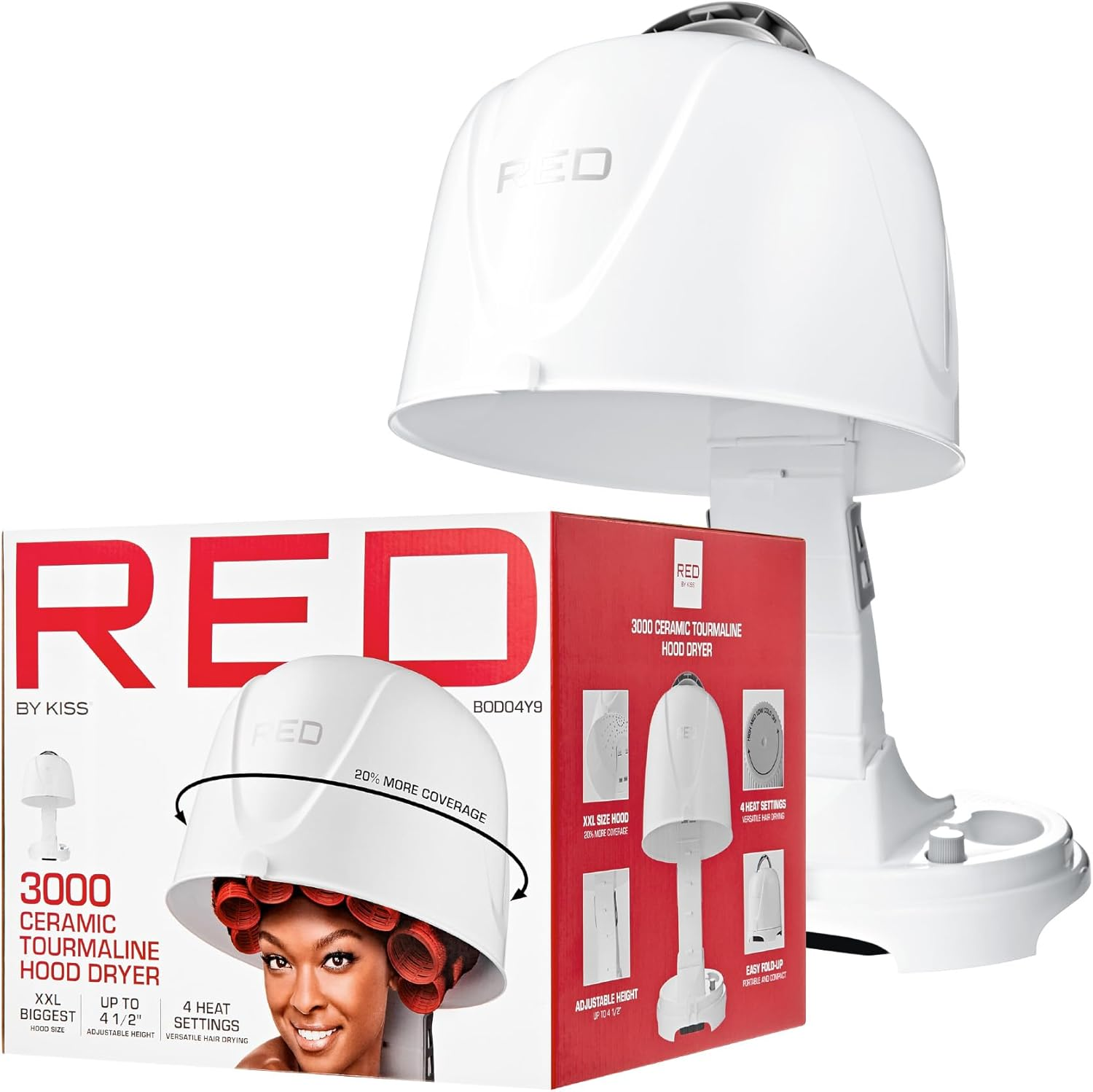3000 Ceramic Tourmaline Professional Hood Dryer, 4 Heat Settings Blow Dryer for Home & Salon, Height Adjustable Convenient Big Hood Size Extra Coverage (1875 Wattage)