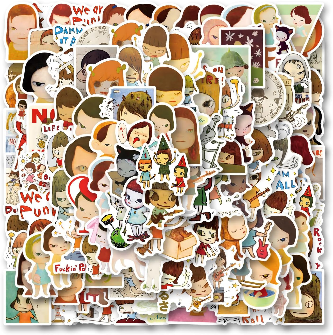 130Pcs Yoshitomo Nara Stickers Pack,Aesthetic Vinyl Waterproof Decals for Water Bottle,Laptop,Phone,Skateboard,Scrapbooking,Bumper Decor for Kids Teens Adults Fans for Party Supply Decor