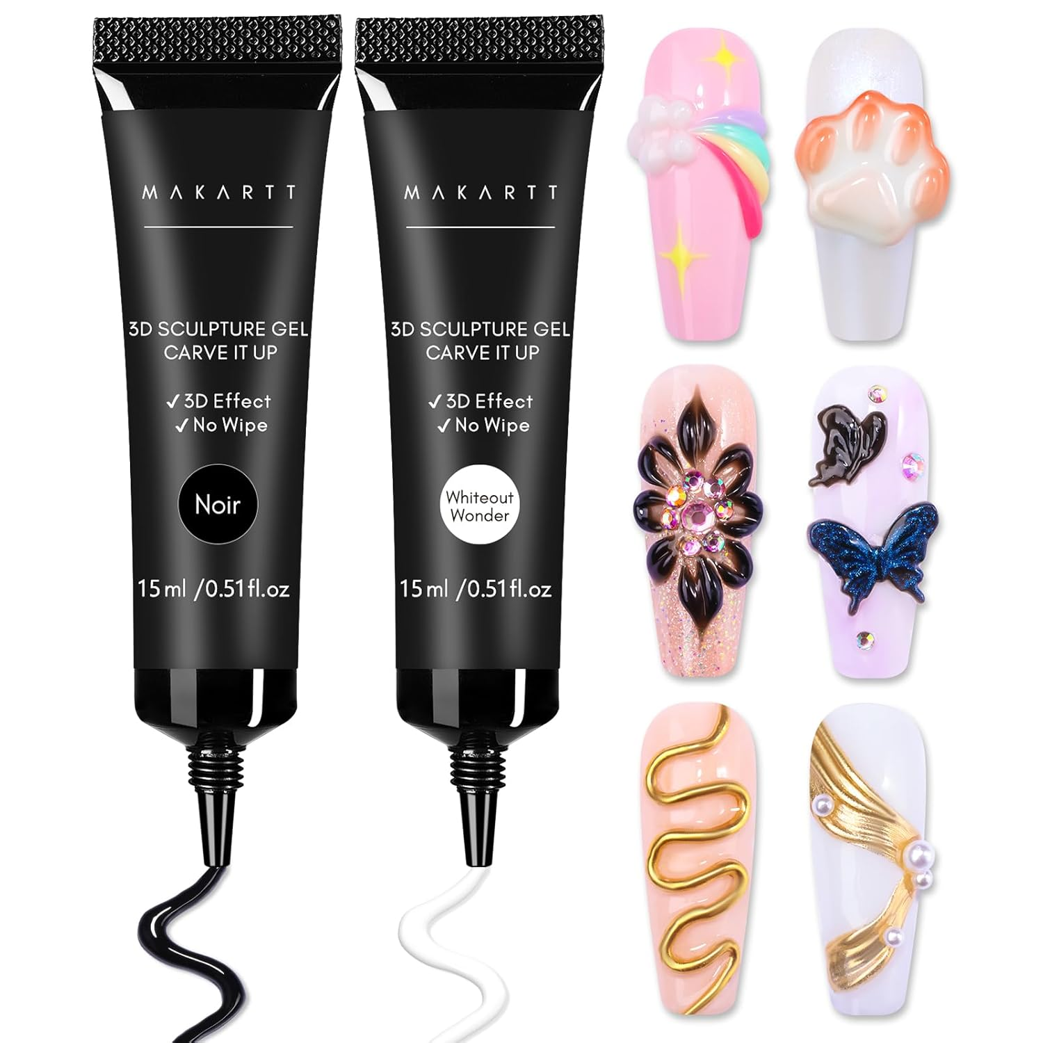 3D Gel Nail Art: White and Black Sculpting Candy Molding Gel No Wipe Craving Embossed Gel Polish Set for Decoration Manicure Charm Designs (Whiteout Wonder & Noir)