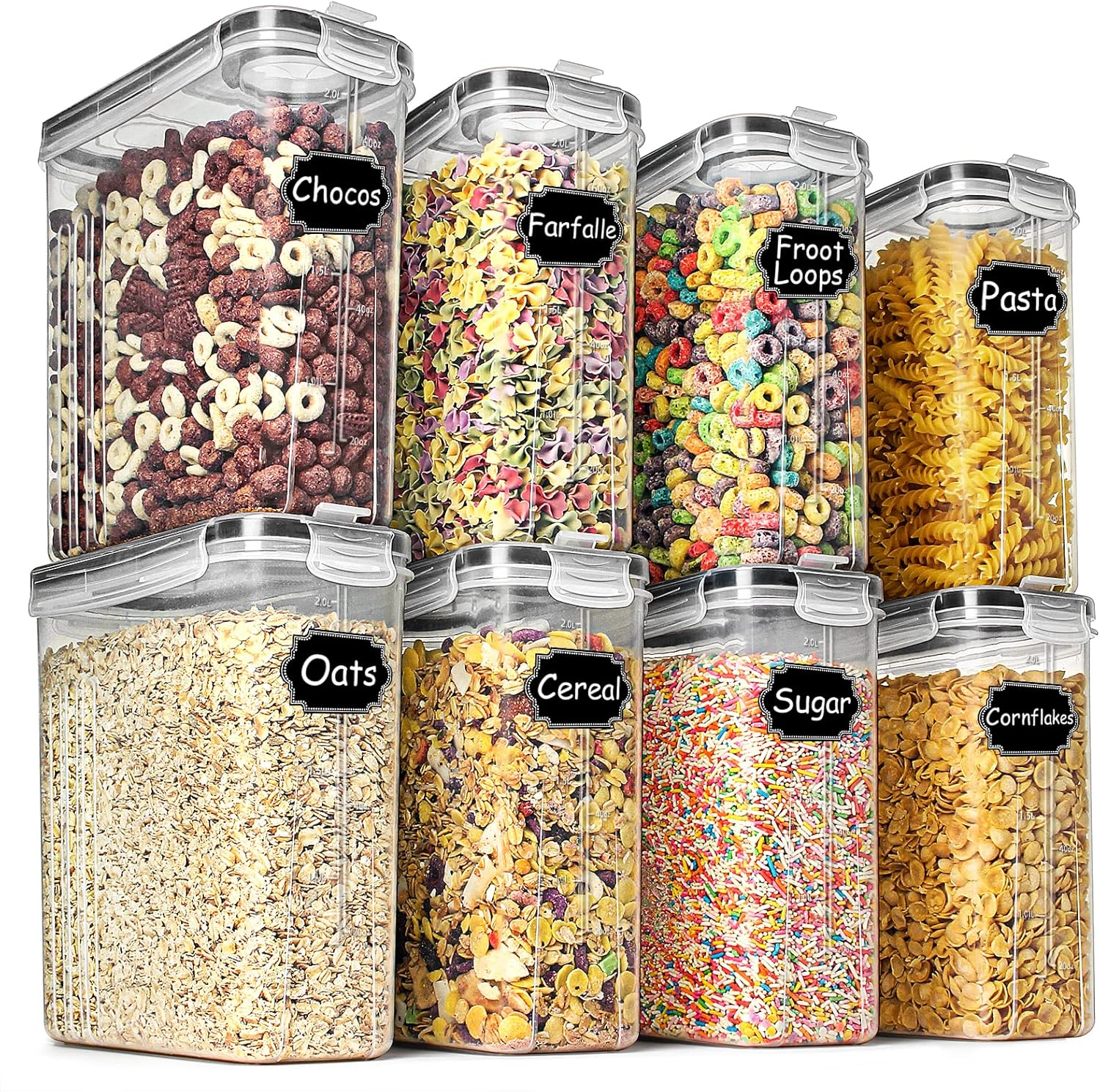 8 Pack Airtight Cereal Storage Containers 2.5L Leak-Proof Food Canisters Black Lids