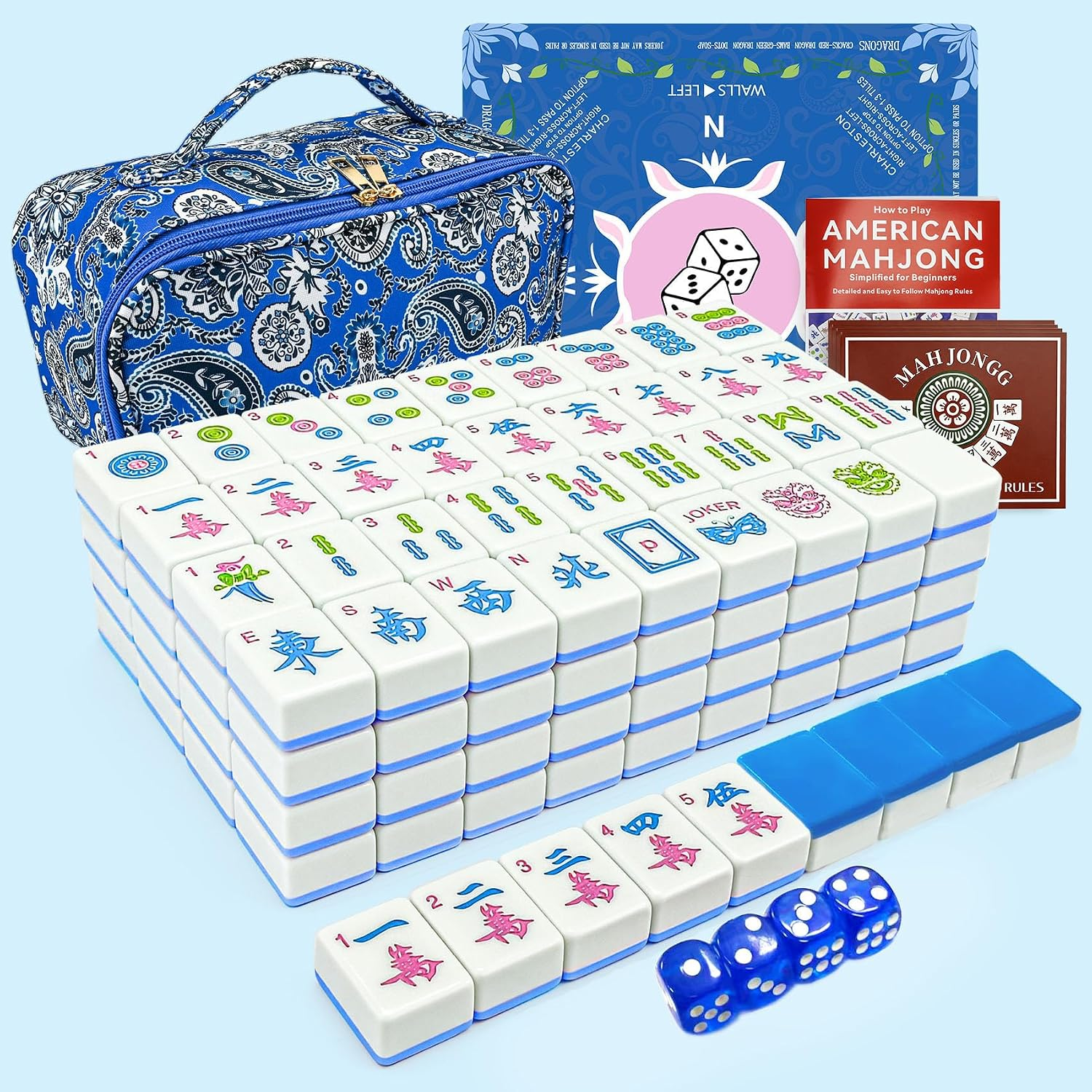 American Mahjong Tile Set, 166 Blue Tiles (1.2”), Mahjong Tile Set with Carrying Bag, Dice, Mat, Cute Mini Tiles, Portable Travel Complete Game Set for Home Outdoor, Gift for Enthusiasts