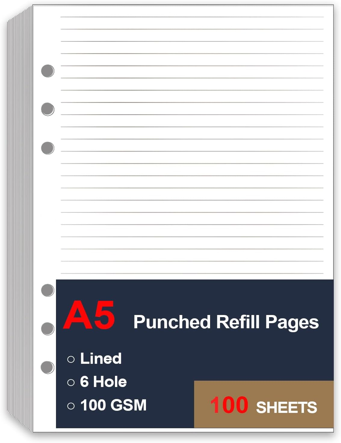A5 Lined Paper Refill, 6 Hole Notebook Refills Paper for 6 Ring Refillable Binder, A5 Filler Paper, Loose Leaf Paper for Filofax Planner Refills, Organizer, 100 Sheets/200 Pages, 5.8 X 8.2 Inch