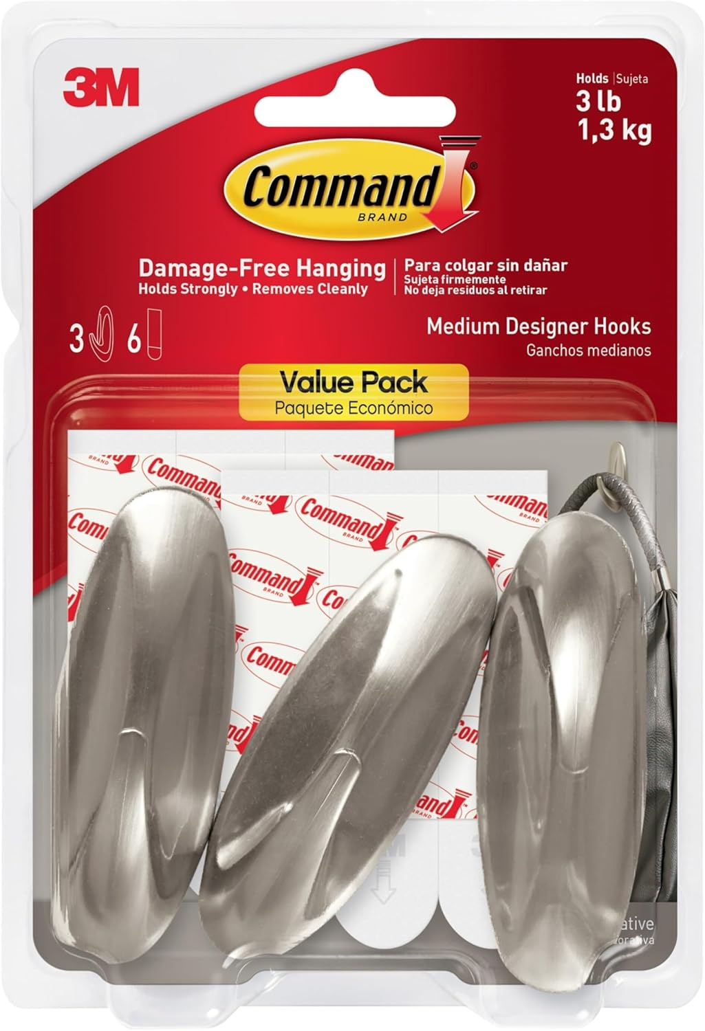 Medium Brushed Nickel Command Designer Hooks - 3-Hook Set for Dorm Decor