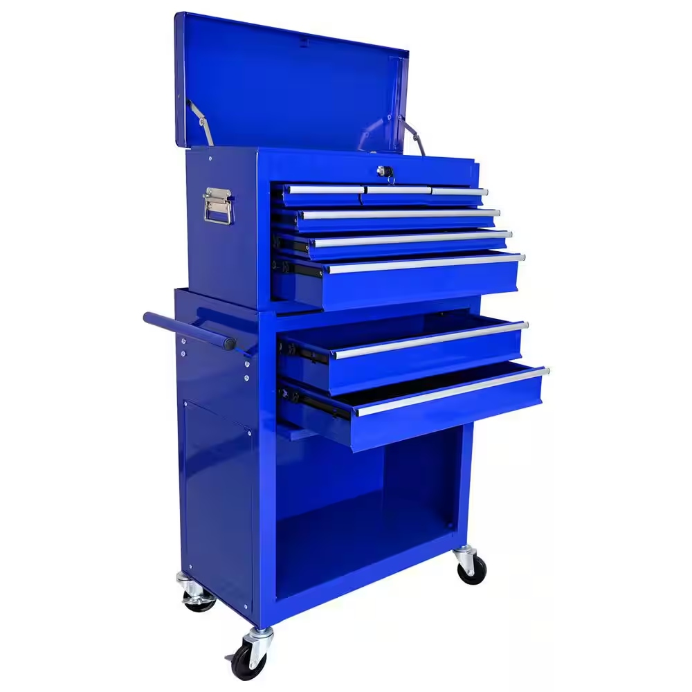8-Drawer Garage Tool Chest, 25 In. W X 13 In. D X 43 In. H Blue Powder-Coated Steel Rolling Outdoor Storage Cabinet