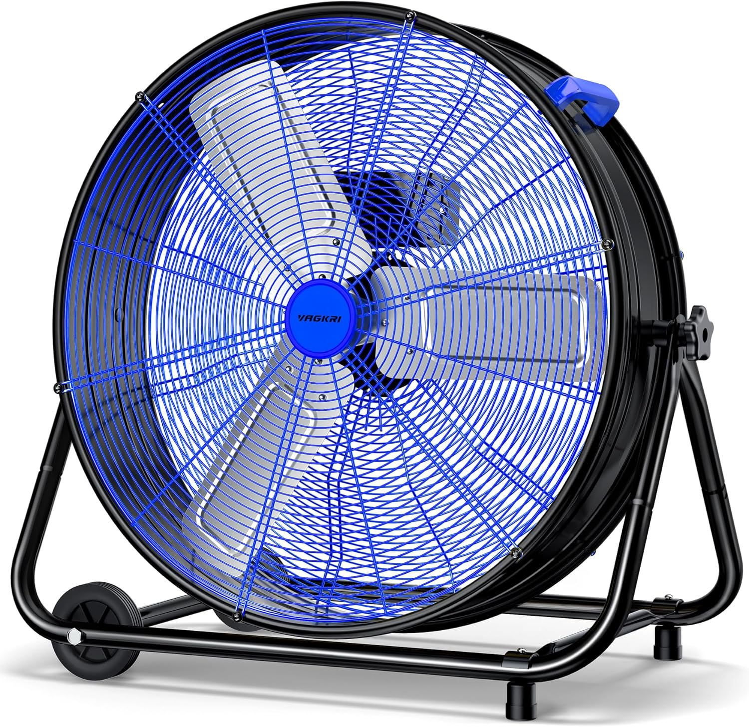 VAGKRI 24 Inch Industrial Drum Fan, 320W High Velocity Floor Fan, 3 Speed Heavy Duty Metal Air Circulator, 360° Tilt with Casters Handle ETL Standard for Patios, Warehouse, Commercial,Basement (Blue)