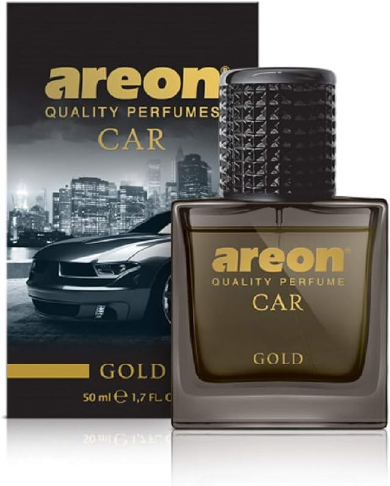 AREON Car Perfume Gold - Air Freshener in Glass Bottle - Luxury Odor Eliminator Spray with Absorber Hanging Pad - Unique Fragrance & Long-Lasting Aroma for Vehicle, Office, Home - Made in Europe, 50Ml