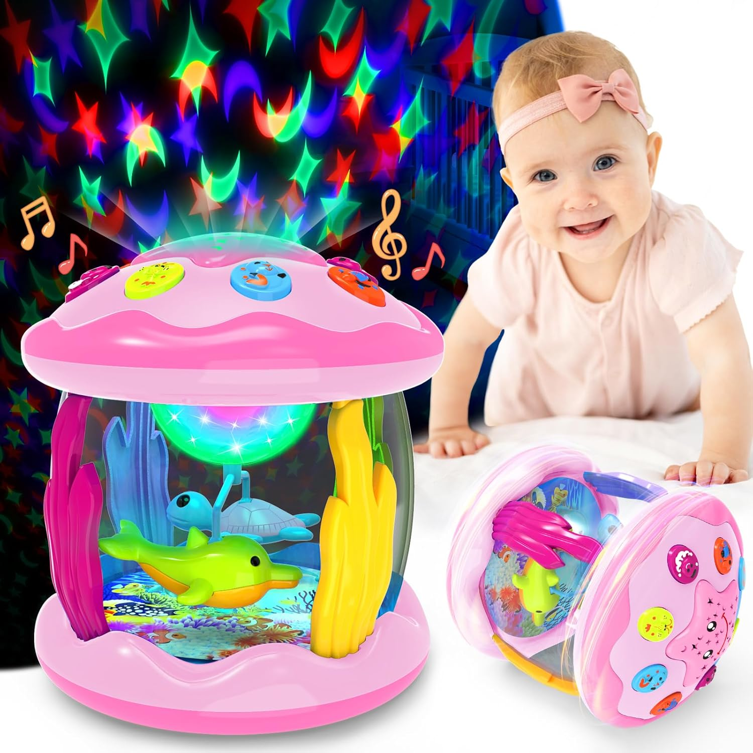 Baby Toys 6-12 Months - Musical Light up Rotating Toys, Pink Ocean Projector for Infant 9-12-18 Month, Learning Visual & Hearing & Crawling Skill, Birthday Gifts for Toddler Boys Girls 1 2 3 Years Old