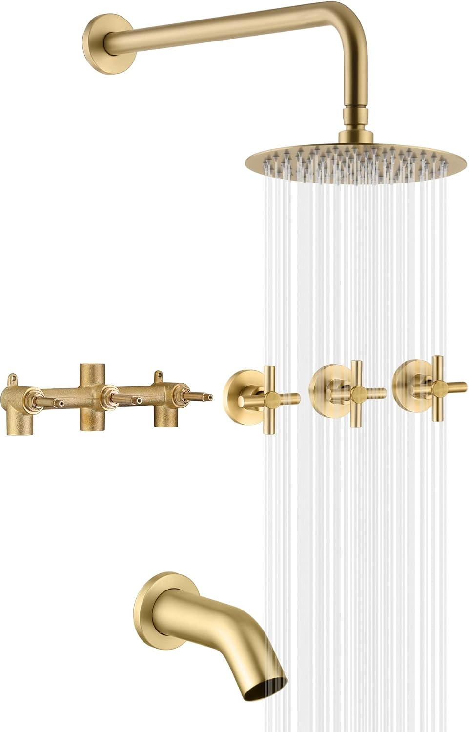 3 Handle Tub Shower Faucet Set Brushed Gold | High Pressure Waterfall Tub Spout, 3-Cross Handles, Wall Mounted, 8 Inches Rain Shower Head, Brass Rough in Valve