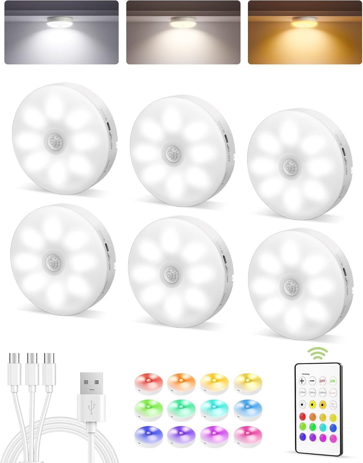 6-Pack Rechargeable Under Cabinet Lighting, 15 RGB Color Temps Motion Sensor Light Indoor, Wireless LED Puck Lights with Reomte, Under Counter Lights for Kitchen, Shelves, Stairs, Lockers