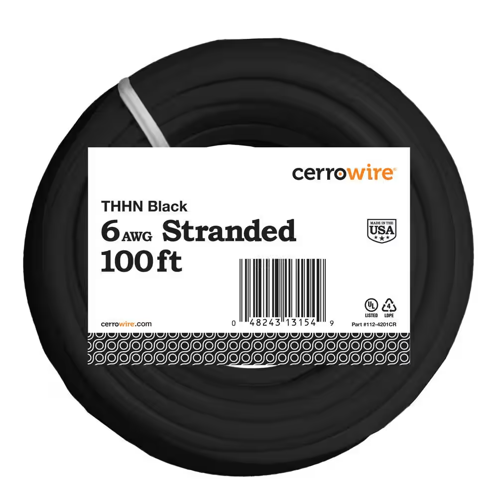 100 Ft. 6 Gauge Black Stranded Copper THHN Wire