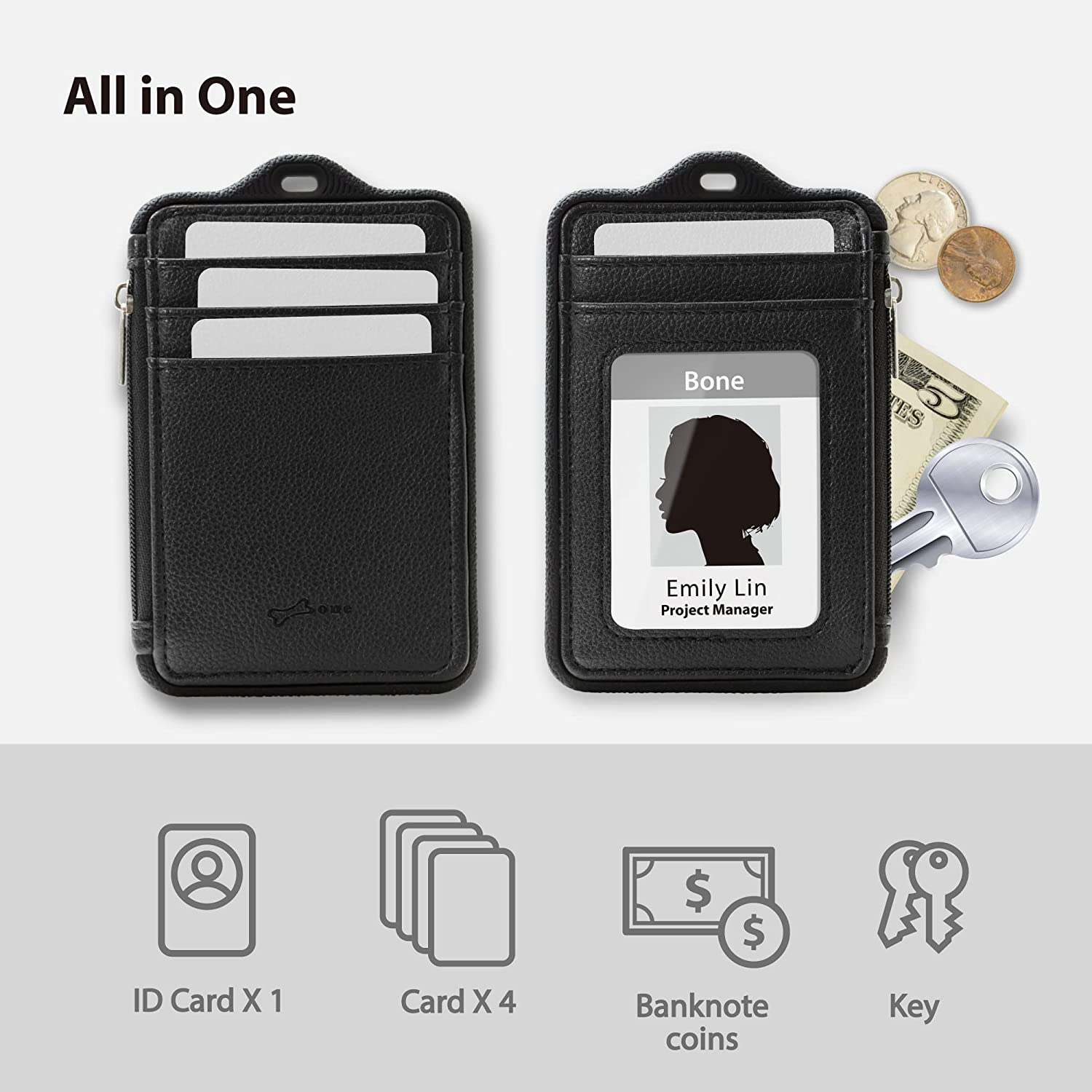 BONE Lanyard Wallet, Lanyards for ID Badge Holder with Zipper, Genuine Leathe... - Picture 8 of 14