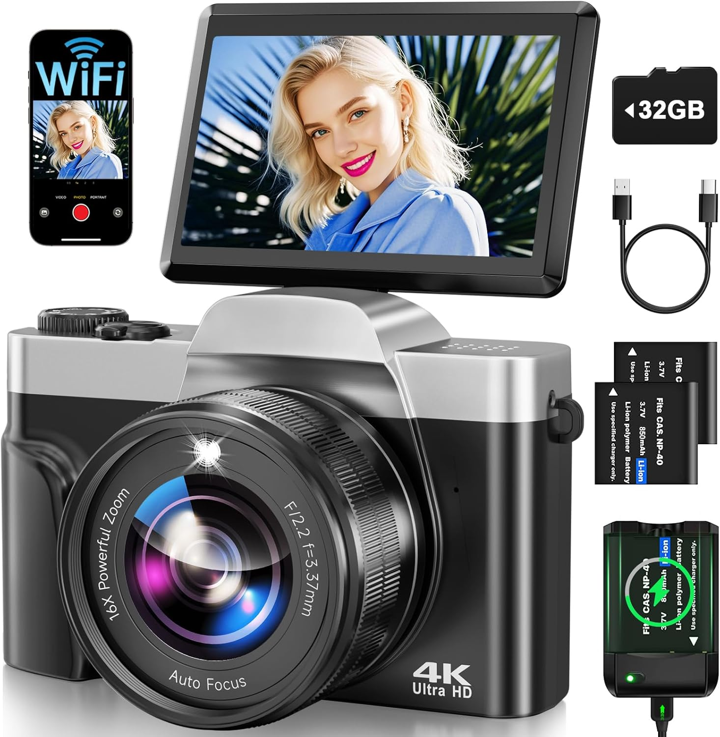 Digitalkamera, 4K 64MP Autofokus Kamera Fotokamera Mit WLAN, 3