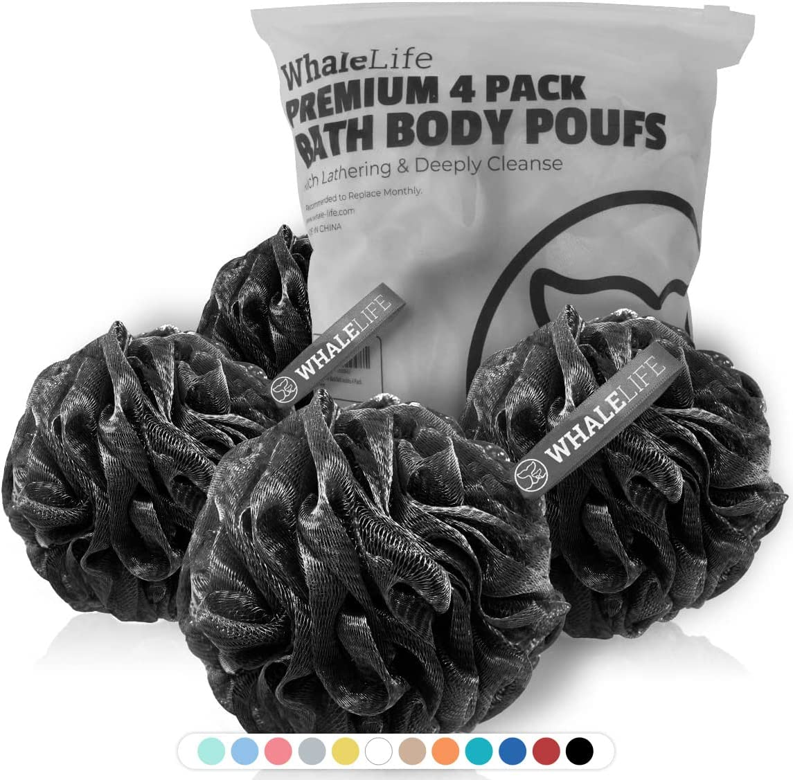 4-Pack Shower Loofahs – Black Charcoal Mesh Bath