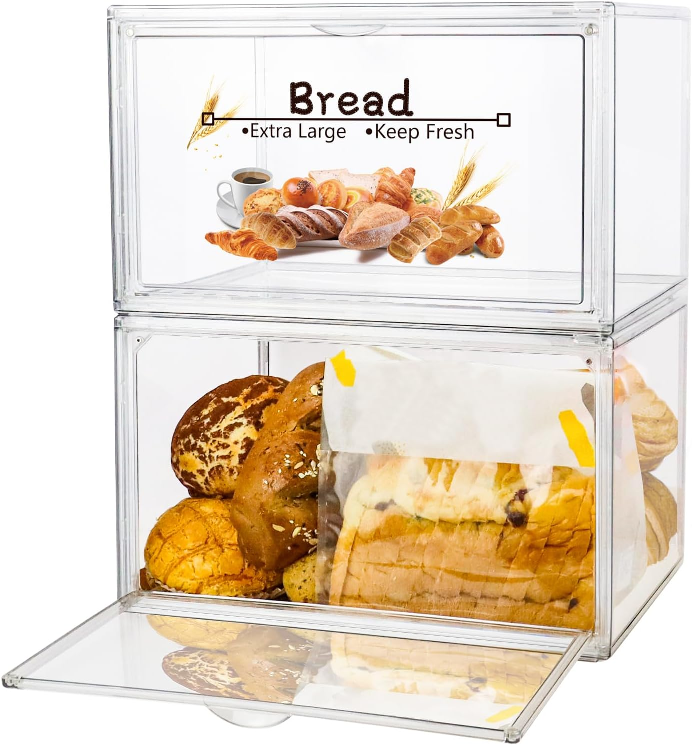 2PCS Large Bread Box for Countertop, Stackable Double Layer Storage Container, Clear Boxes for Kitchen Counter, Bread Keeper for Homemade Bread, Bagel, Muffins, Rolls